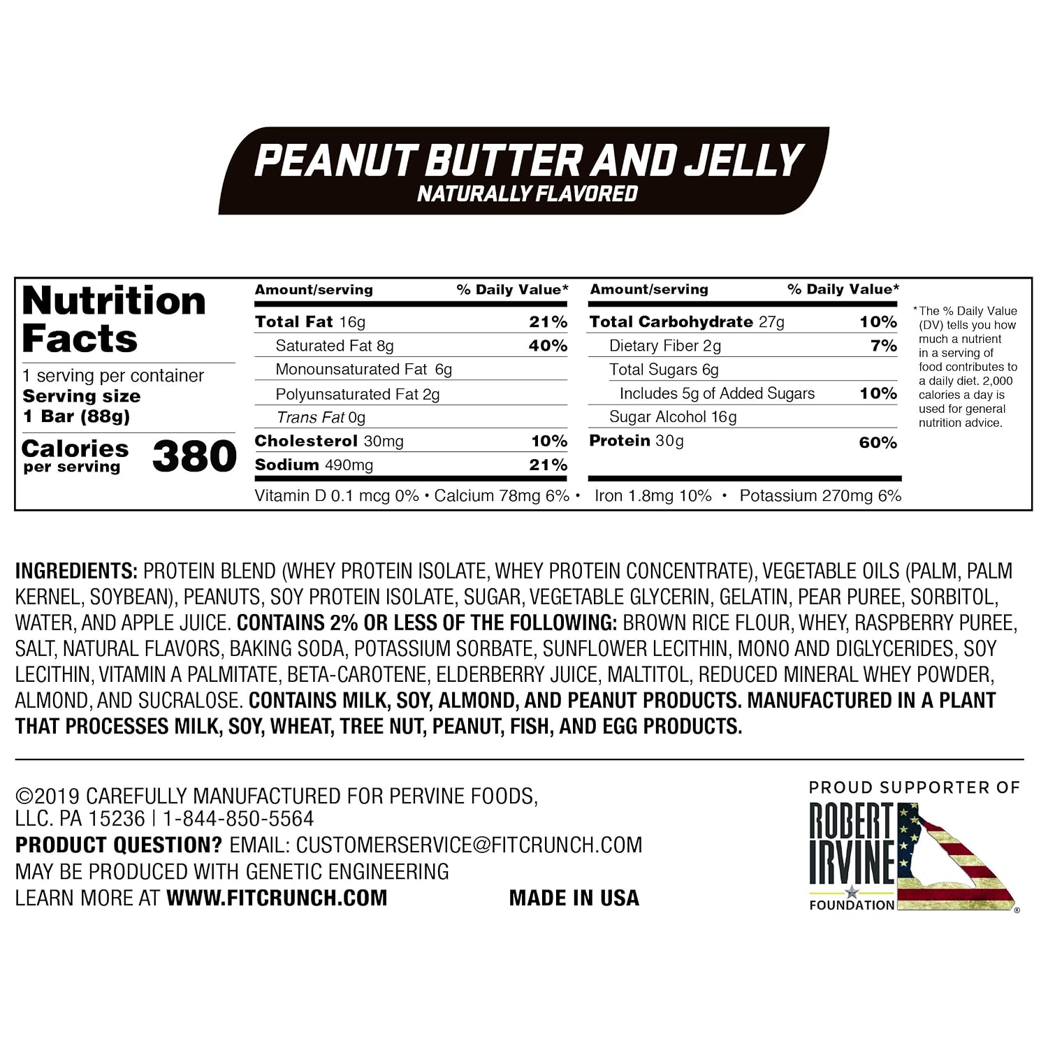 FITCRUNCH Full Size Protein Bars, Designed by Robert Irvine, World’s Only 6-Layer Baked Bar, Just 6g of Sugar & Soft Cake Core (12 Count, Peanut Butter and Jelly)