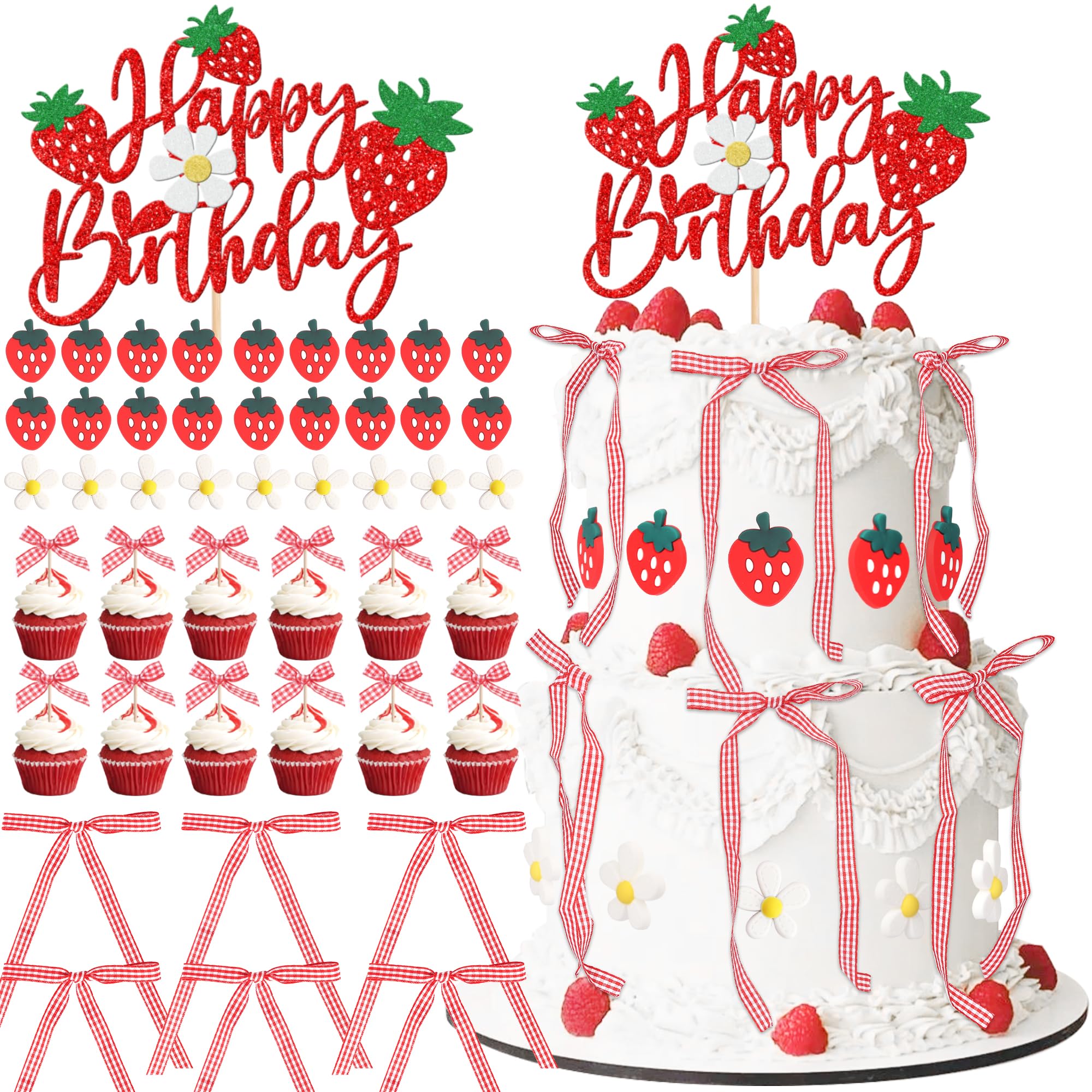 Xsstarmi Strawberry Birthday Cake Decorations Fruit Berry Cupcake Daisy Flower Gingham Bow Cake Picks for Girls Strawberry Themed Birthday Party Cake Decorations Supplies