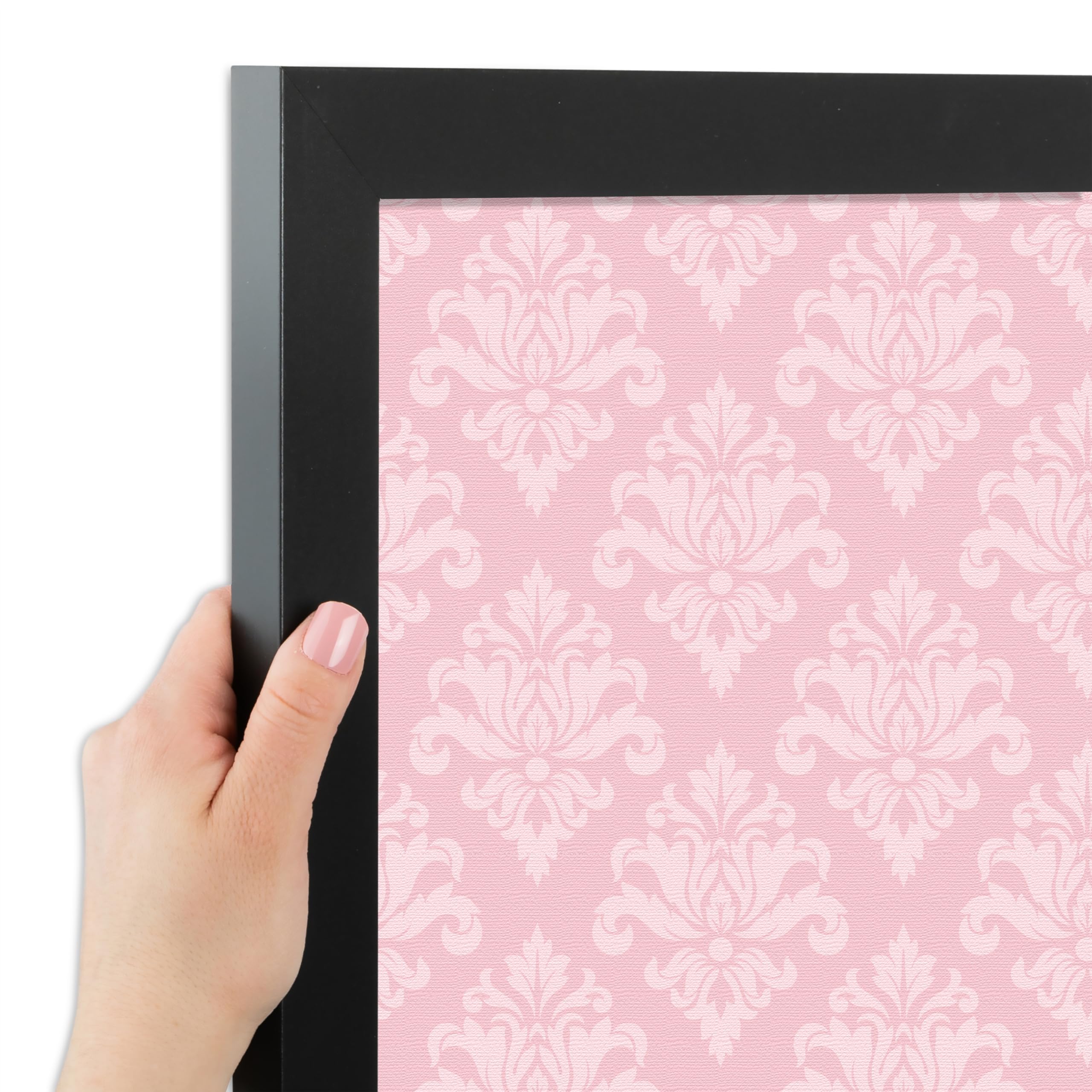 PinPix 17x14 inch Cork Bulletin Board. This Decorative Framed Pin Board Comes with Damask Blush Design and Satin Black. Ideal for Home, Office Decor or School (PinPix-2139)