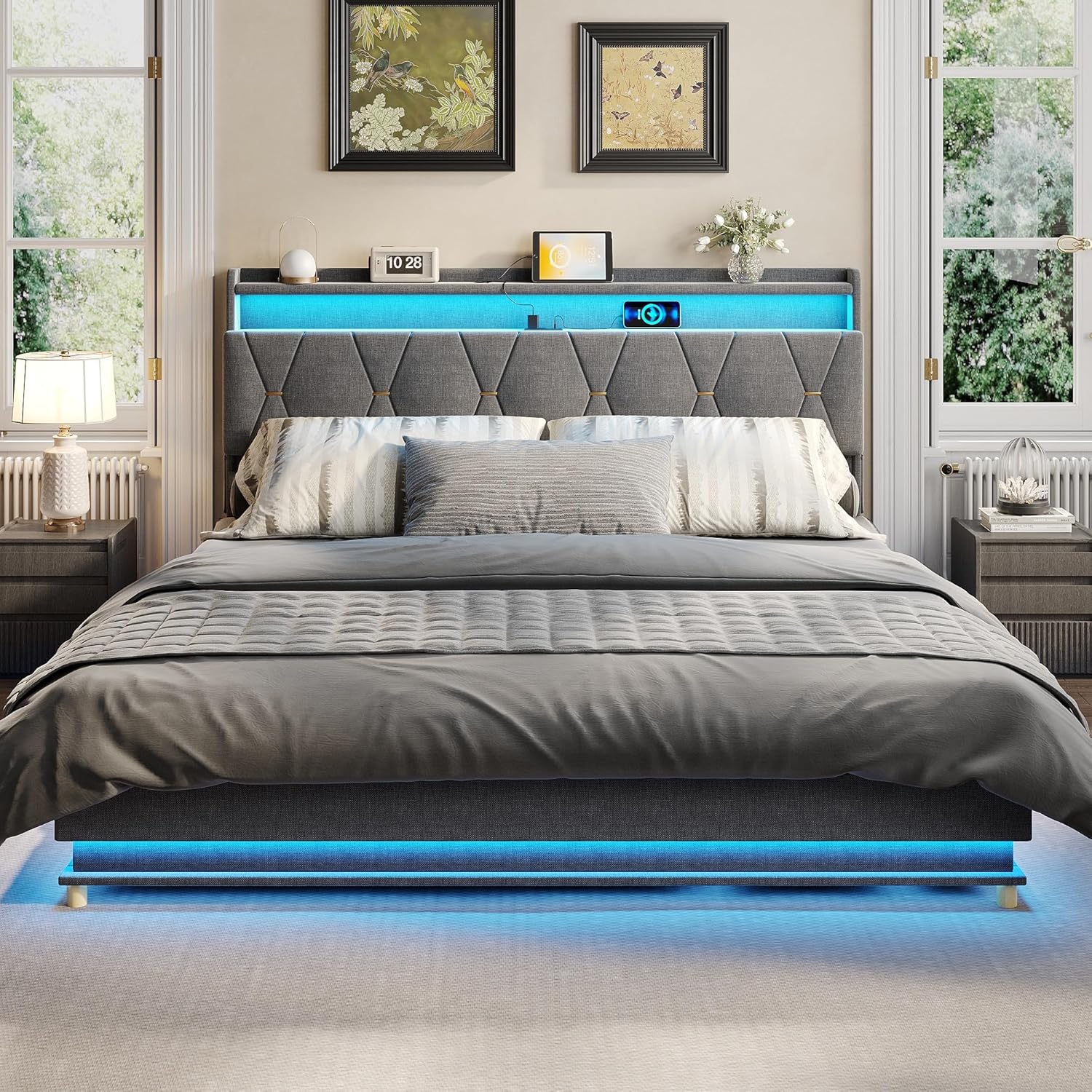 Fameill King Size Lift Up Storage Bed Frame, Storage Headboard with Charging Station, LED Lights Upholstered Platform Bed, No Box Spring Needed, Noise-Free, Dark Grey