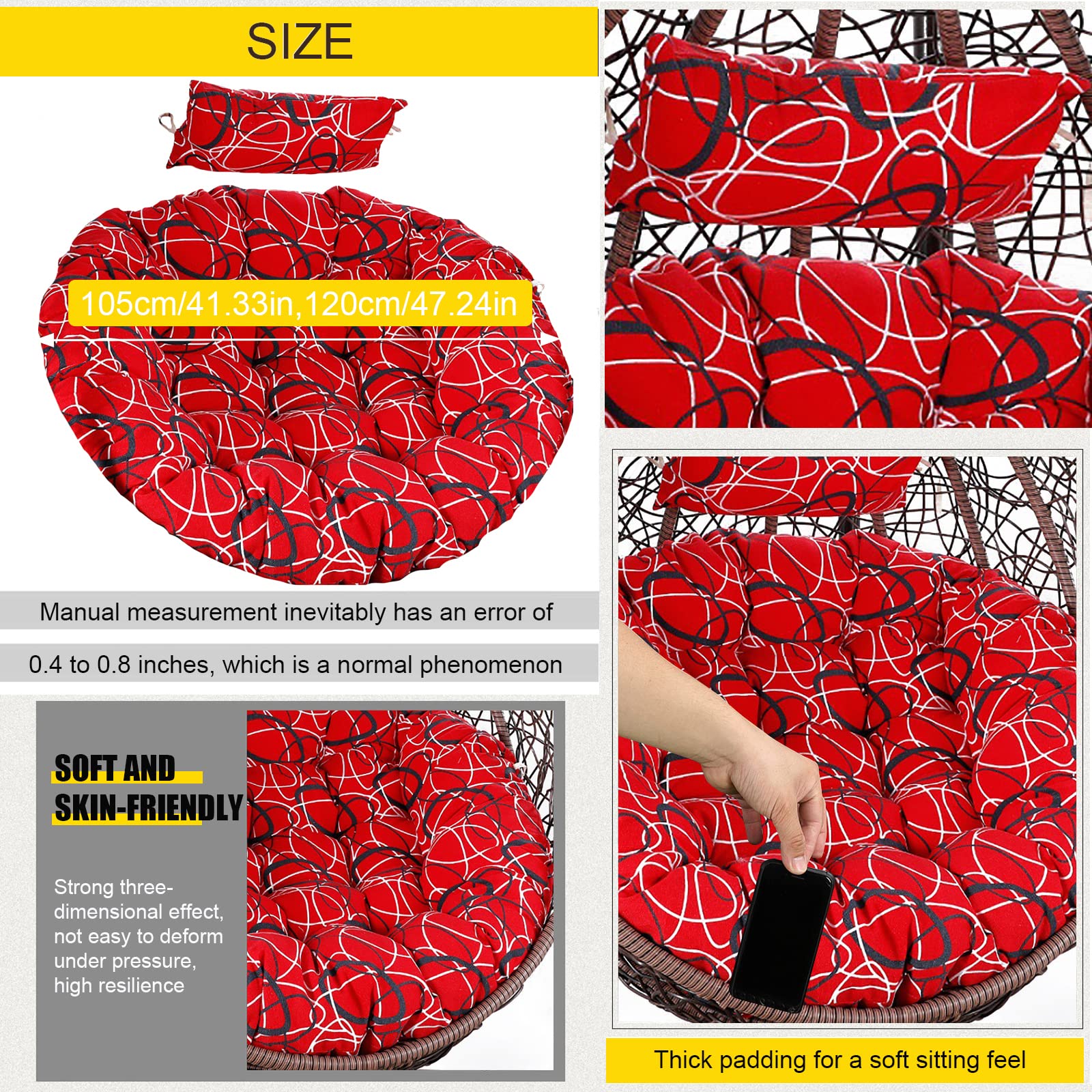 Cuscino per Sedia Papasan Esterno Sospese in Rattan Imbottiture per sedie Poltrona Cuscino Tondo Sedia a Dondolo Cuscino del Sedile per Patio del Balcone (G 105cm/41.33in)