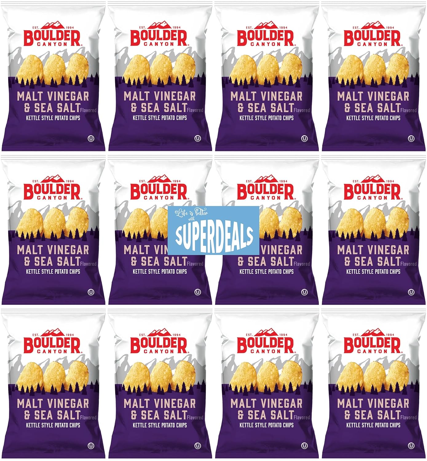 Boulder Canyon | Malt Vinegar & Sea Salt | Kettle Style Potato Chips| 1.5 Ounce | Pack of 12 Bundled by SUPERDEALS with Mystery Bonus Gift