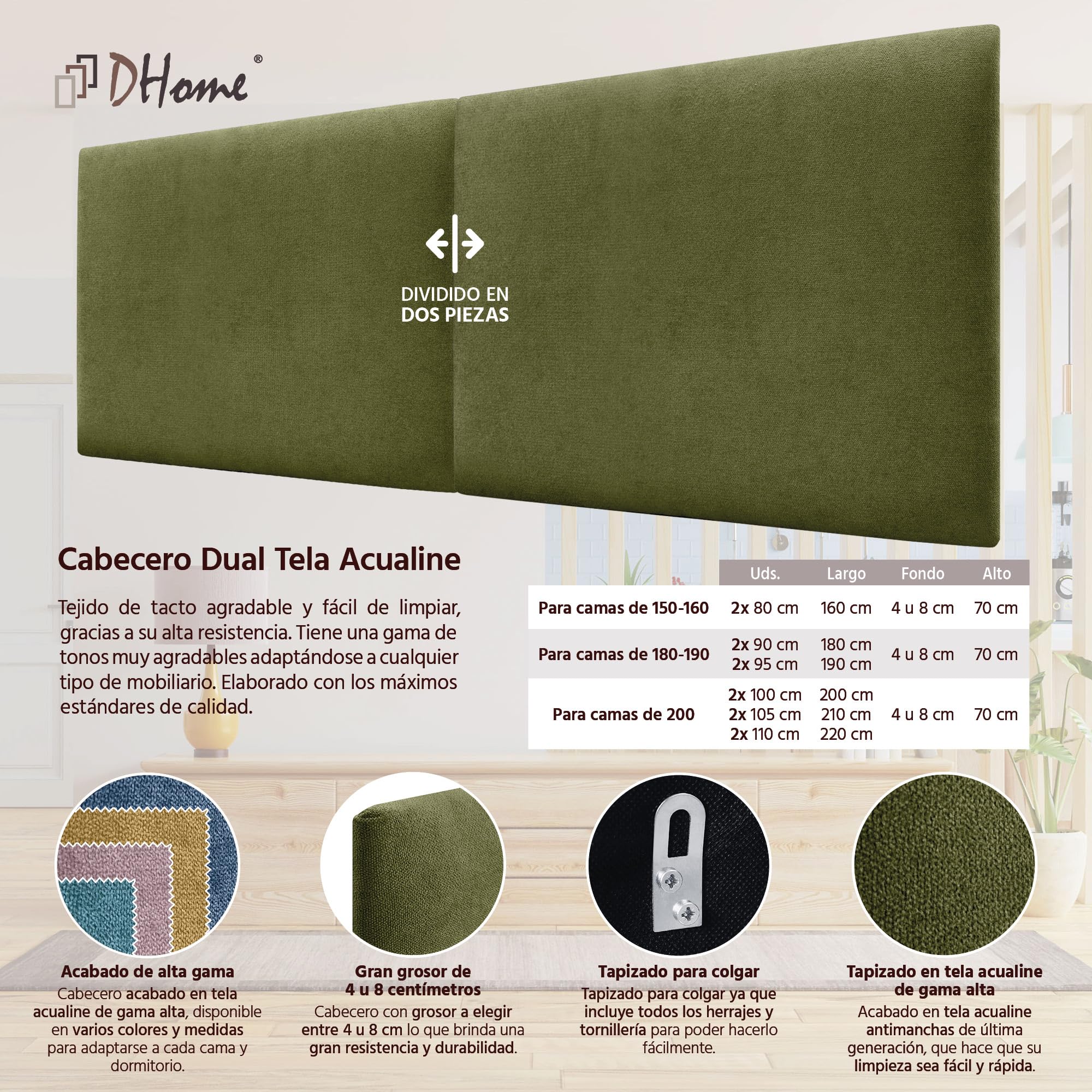 DHOME Tête de Lit Capitonnée Lisse en Tissu Aqualine Hauteur 70CM Épaisseur 4cm et 8cm pour Mur Acoustique Absorbantes Tête de Lit Chambre (Tissu Vert, 200cm Double, Épaisseur 4cm)
