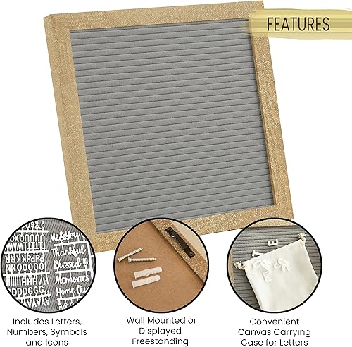 Miniatura 2 de HBCY Creations Tablero de letras de fieltro de 10 x 10 pulgadas, marco de madera maciza, madera envejecida, fieltro gris, 389 letras de