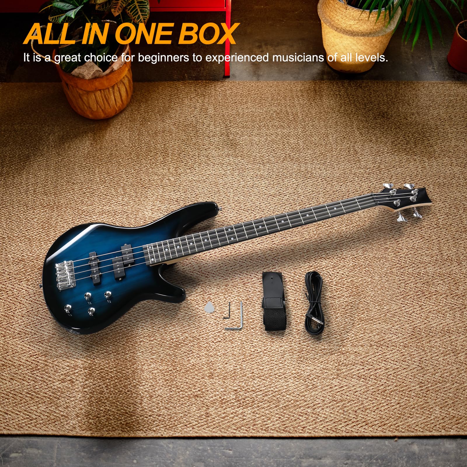 Ktaxon 4 String Electric Bass Guitar, Full Size Standard Right Handed Rosewood Fingerboard Beginner Kit with Cable Wrench Tool (Lake Blue)