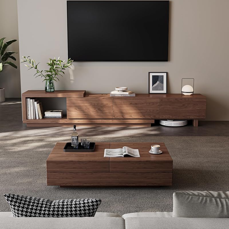 Extendable TV Stand for 65-100 Inches TVs – Walnut Entertainment Console with 3 Drawers & 1 Storage Compartment, Adjustable Length 68.5''-98.4'' (Walnut, 68.5''-98.4'') image 3