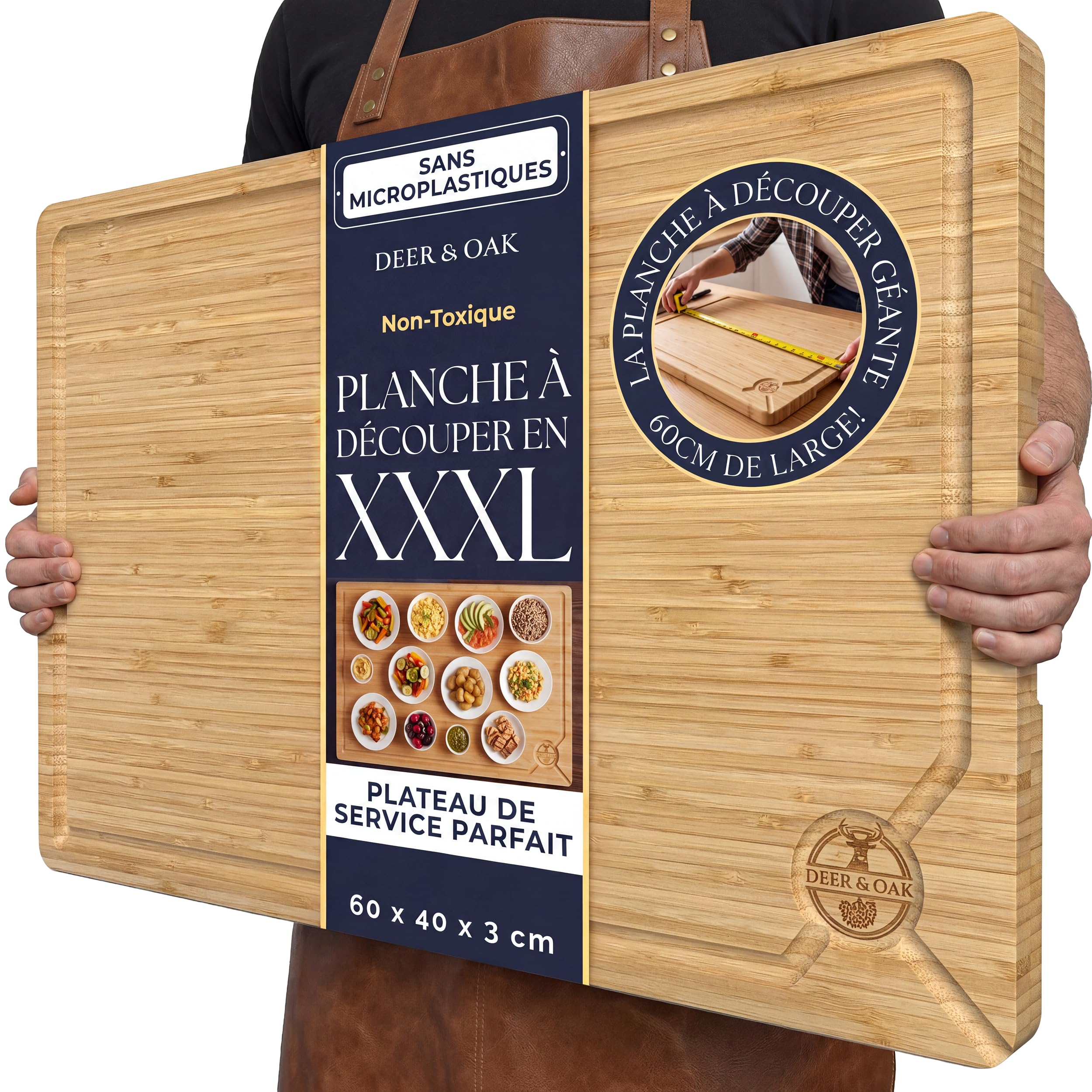 Deer & Oak Chopping Board XXXL Bamboo 60 x 40 cm Pre-Oiled | Thickness 3.2 cm · Extra Large · Also for Deli and Cheese Serving
