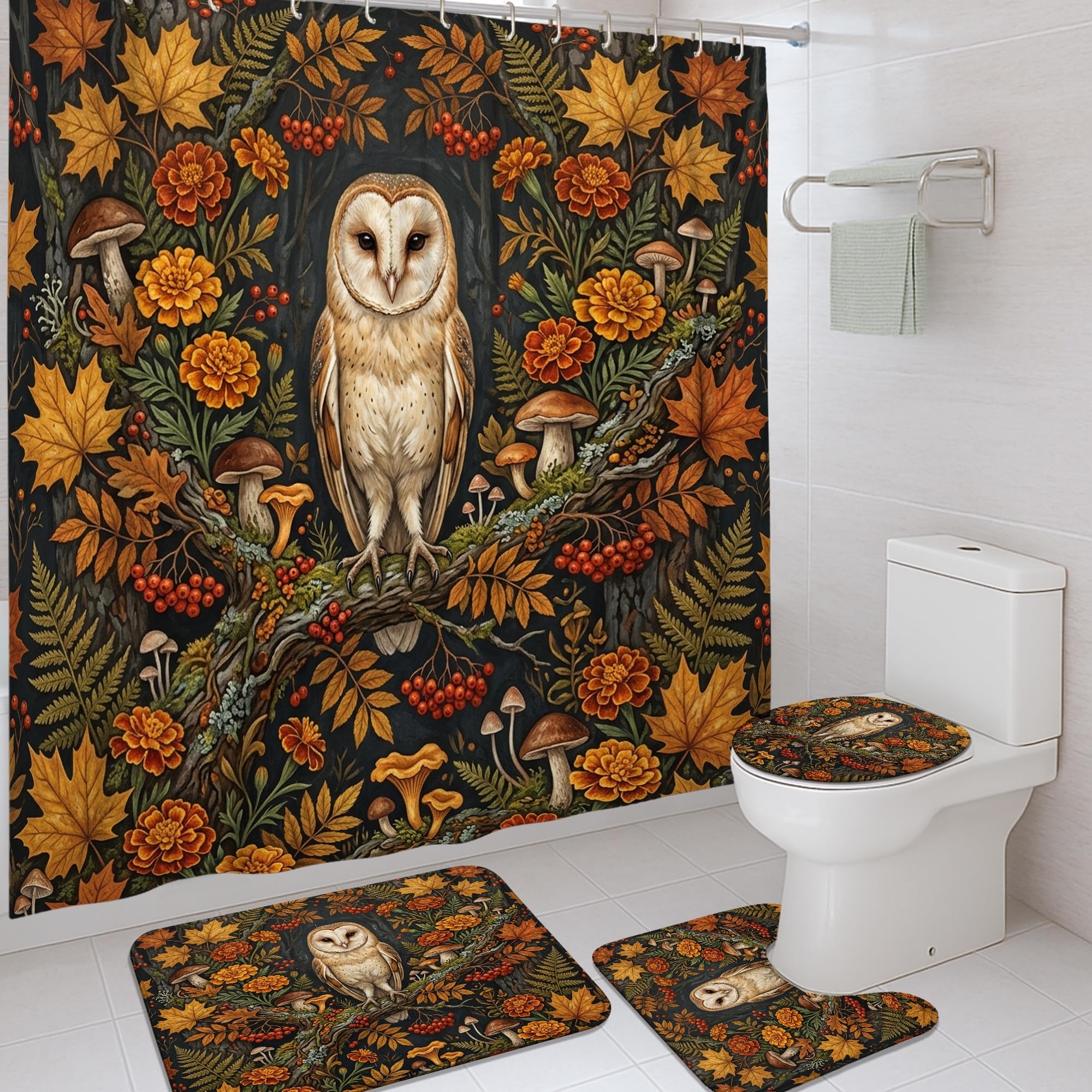 Rideau de douche polyester imperméable 183 cm motif hibou feuilles champignons orange