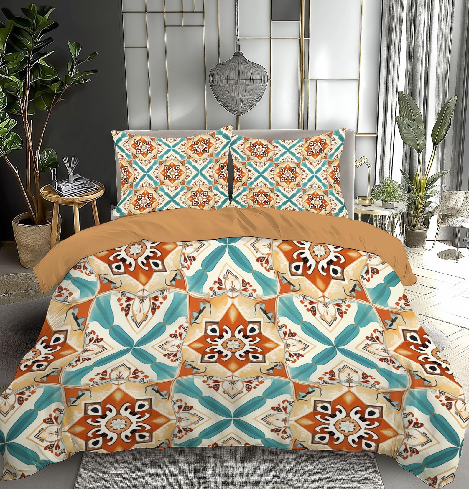 Housse de couette douce microfibre 200x200 au motif géométrique floral et finitions soignées