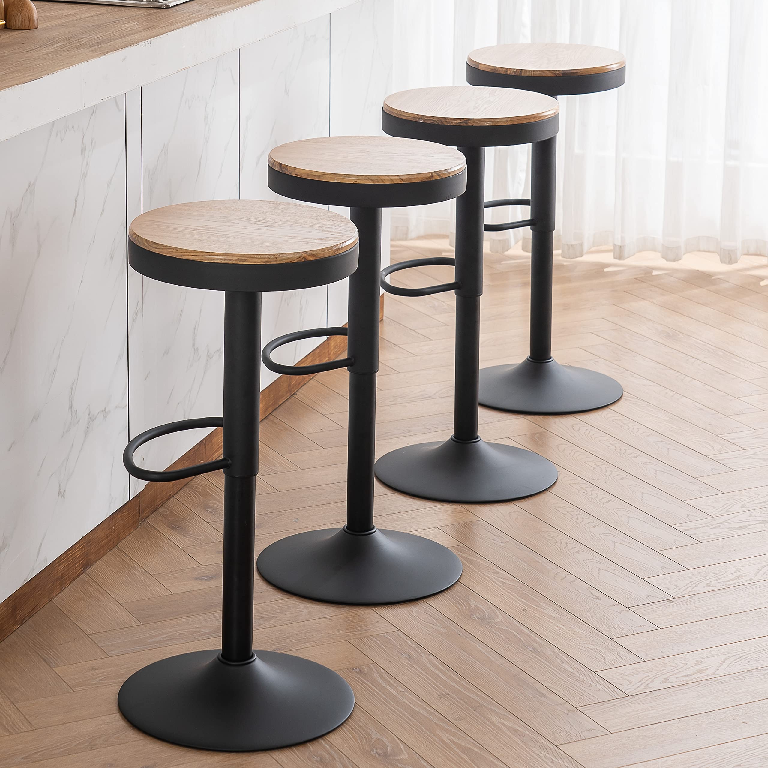 Kidol & Shellder Tabourets de Bar Chaises de Salle à Manger Lot de 2 Noir, Tabouret en Bois Hauteur Réglable à 360°, Tabouret de Bar en Bois et Métal, pour Maison Cuisine Comptoir Bistro