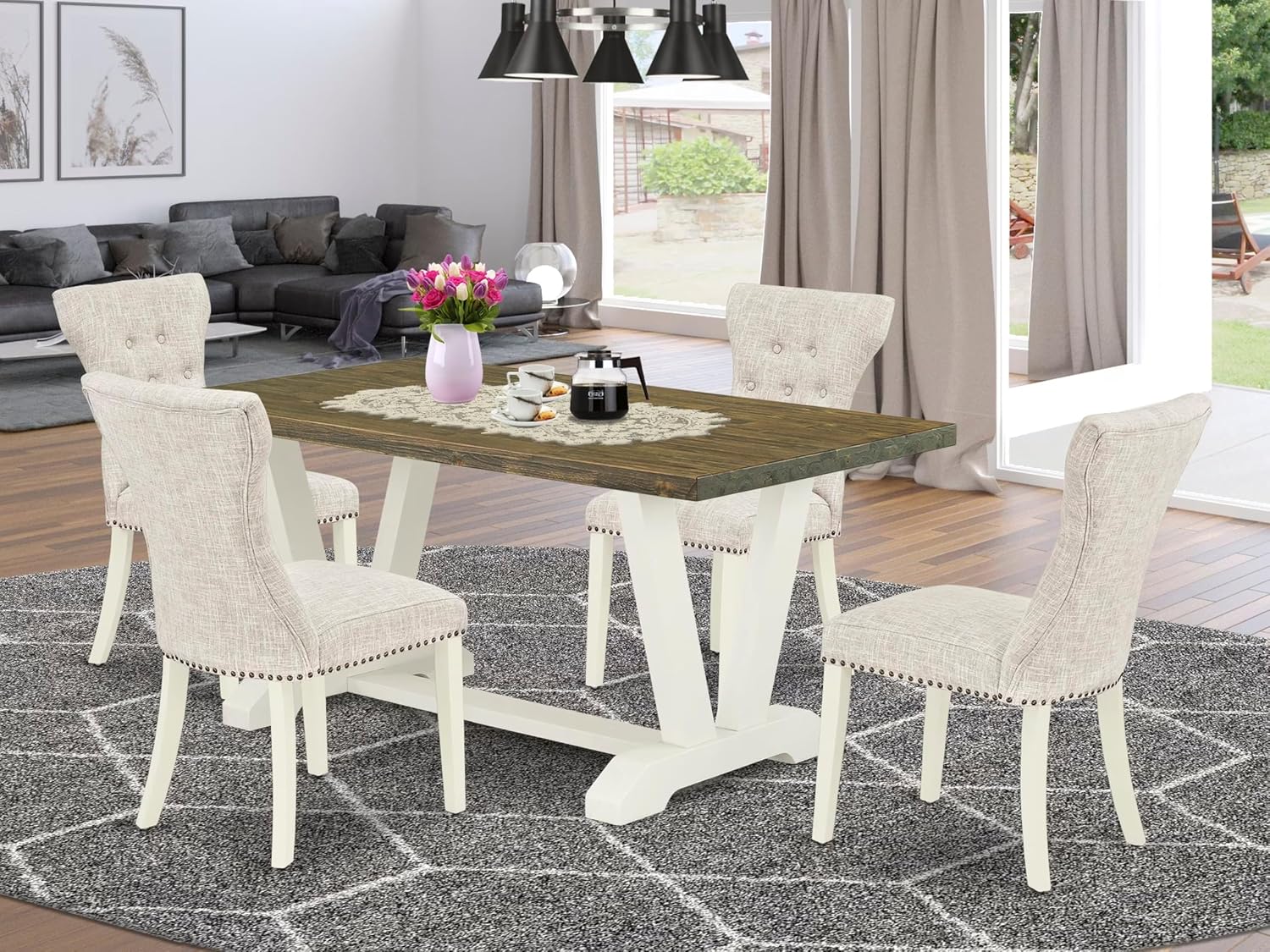 East West Furniture V076GA235-5 5 Piece Kitchen Table Set for 4 Includes a Rectangle Dining Room Table with V-Legs and 4 Doeskin Linen Fabric Upholstered Chairs, 36x60 Inch, Multi-Color