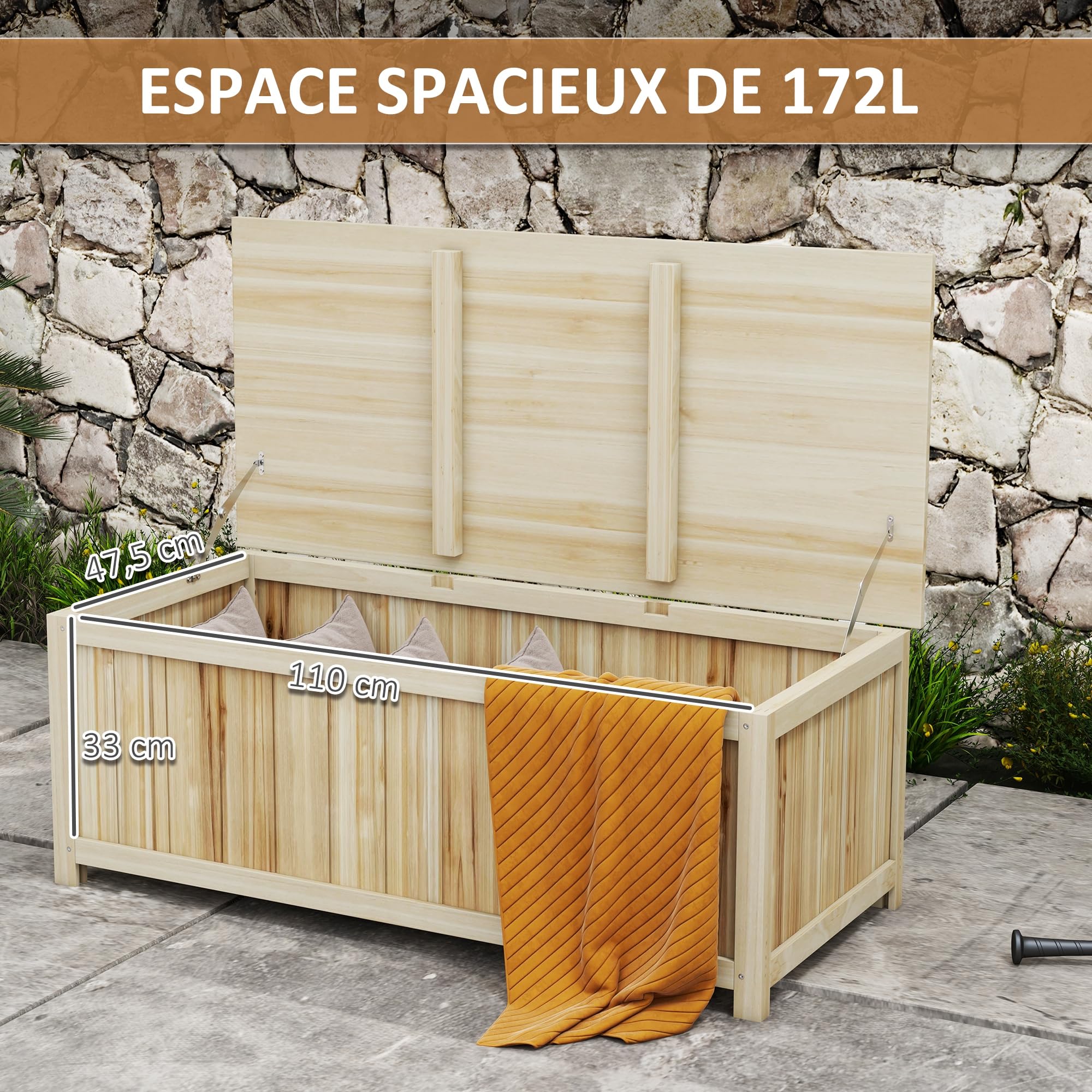 Outsunny Coffre de Rangement Jardin en Bois avec Vérins 120 x 55 x 45 cm
