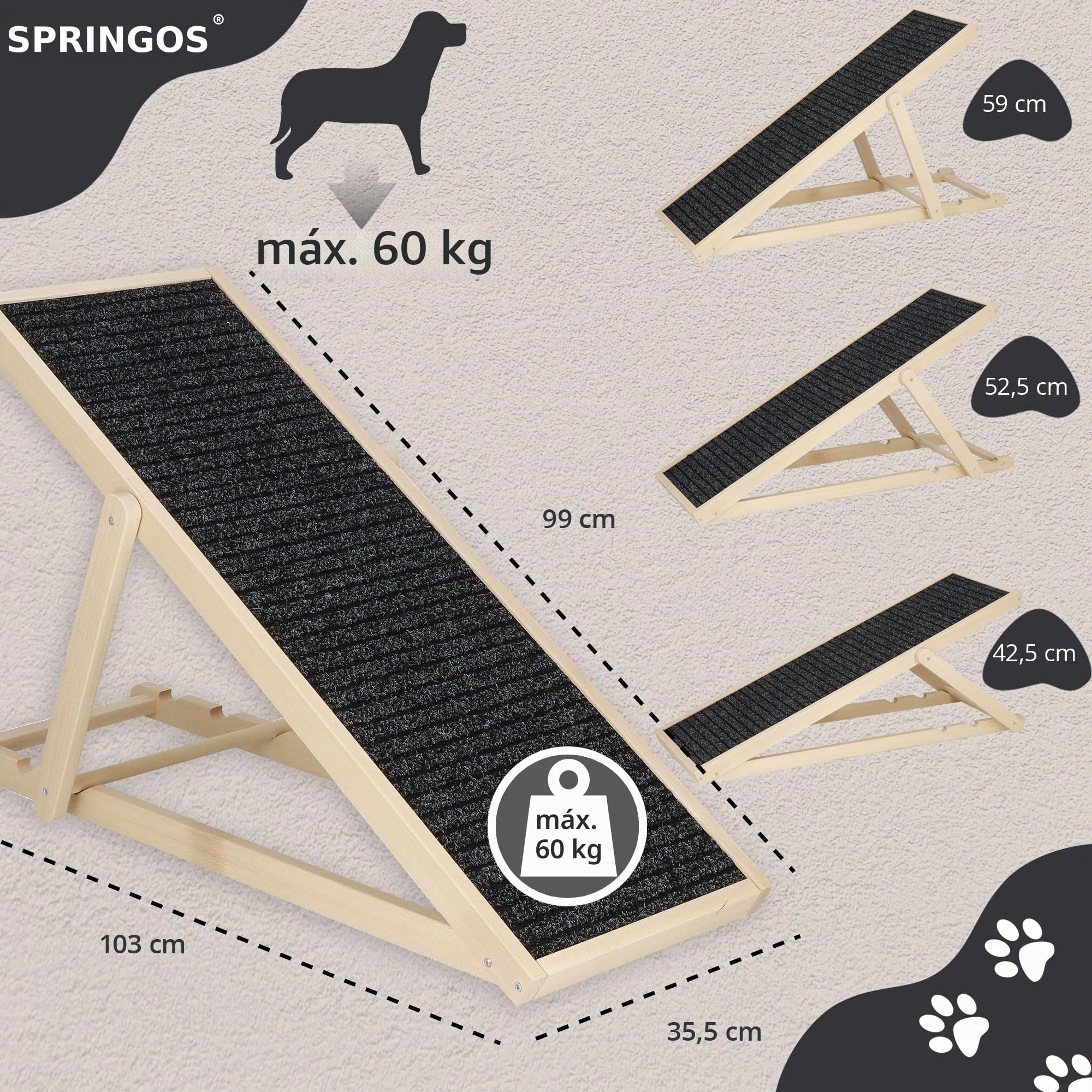 SPRINGOS Rampa para Perros Plataforma Ajustable de 42,5-59 cm para Cama o sofá Escalón Plegable de Madera para Perros Rampa para Mascotas con Estera Antideslizante