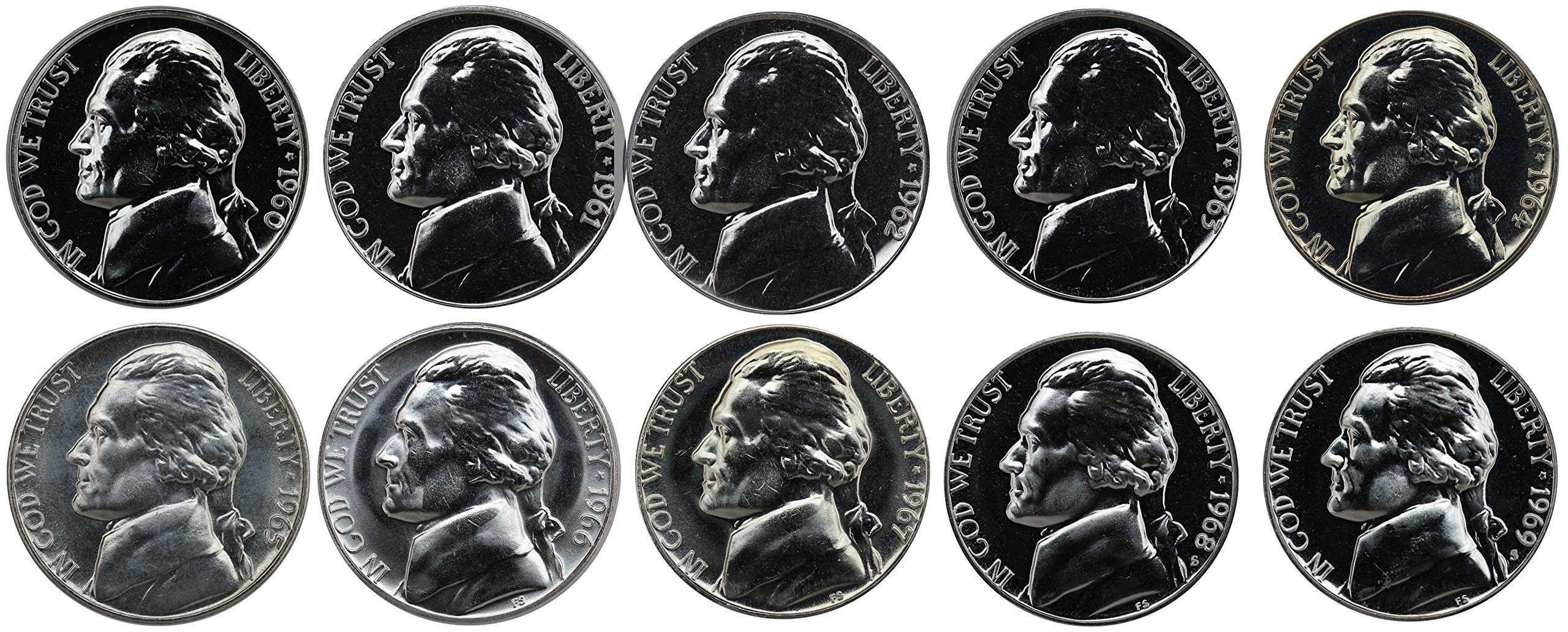 1960-1969 S Jefferson Nickel Gem Proof & SMS Run 10 Coins US Mint