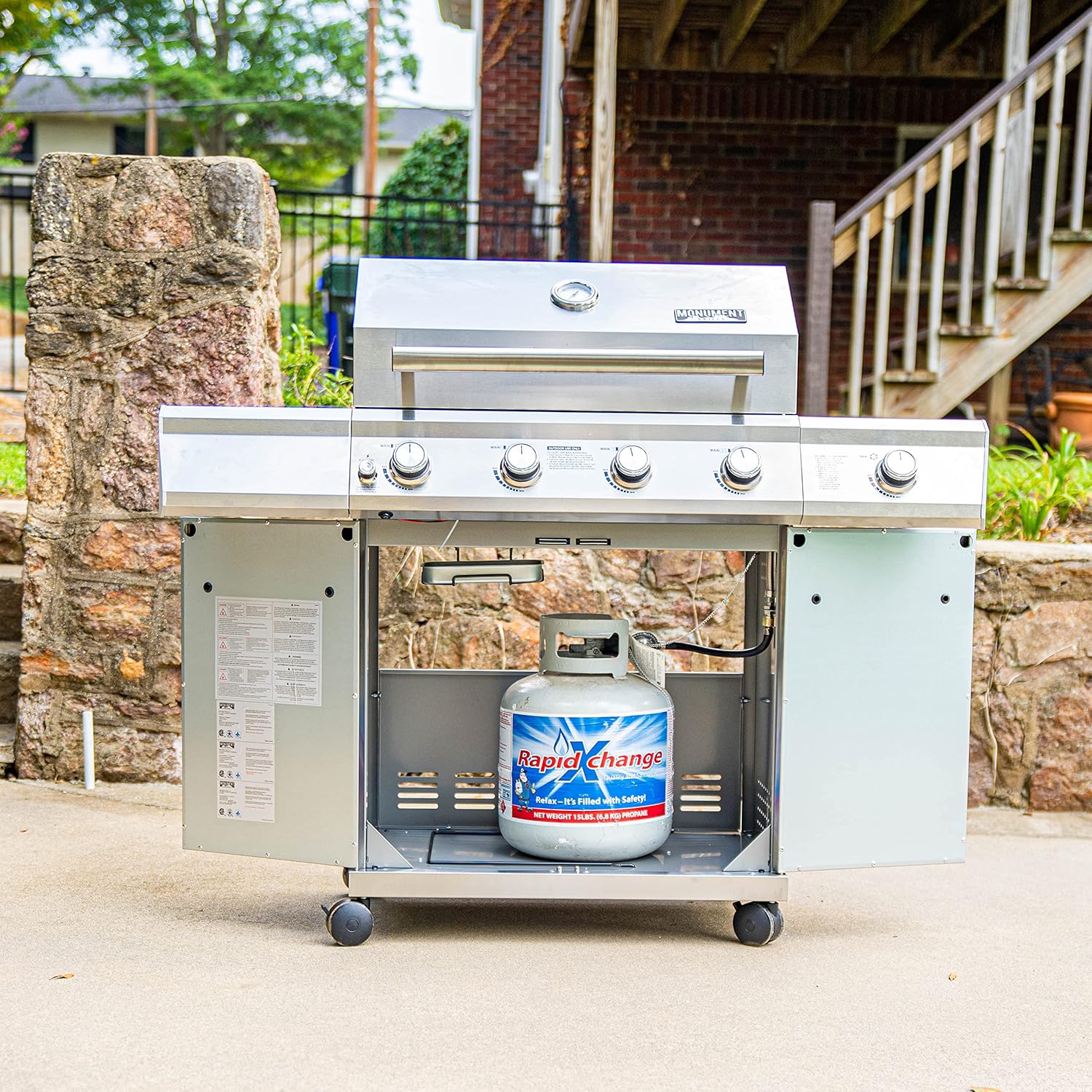 Monument Grills 4-Burner Cabinet Style Propane Gas Grill in Stainless Steel with LED Controls & Side Burner : Patio, Lawn & Garden