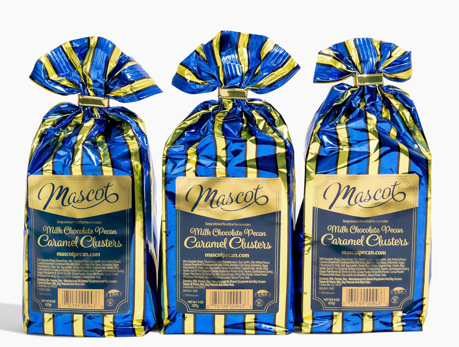 Milk Chocolate Pecan Caramel Clusters Candy Individually Wrapped 3-8 oz Gift Bags, Mascot Since 1955