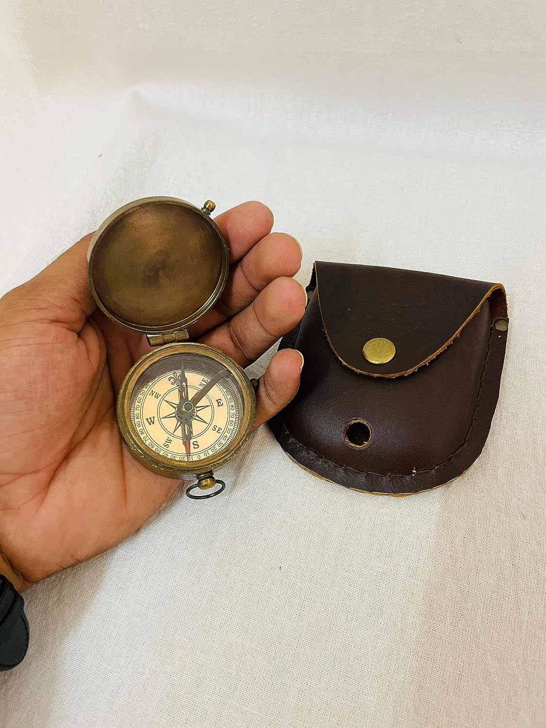 Compass with Leather Case Vintage Brass Nautical Clock Antique Gift Sundial Pocket Retro Marine Christmas Steampunk Button Engraved Clocks Chrome (2 Inch)|DM Vintage|