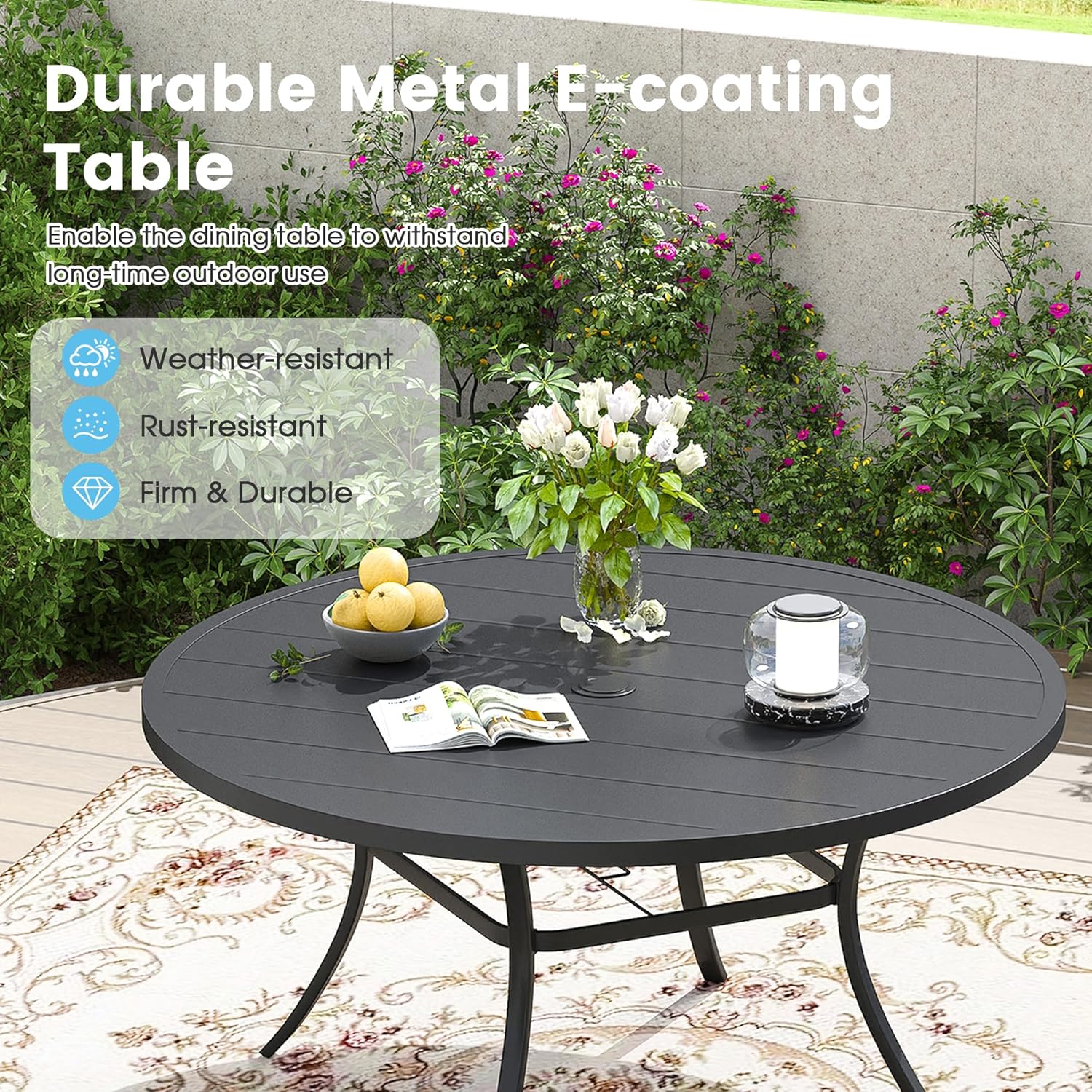 Patio Dining Table for 6-8, Round Metal Outdoor Table with 1.57" Umbrella Hole, 53" Outdoor Slat Tabletop Dining Table for Backyard, Porch, Lawn, Black