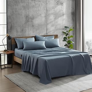 Kenneth Cole - Solutions King Sheets, Soft Recycled Polyester 6-Piece Bedding Set, Wrinkle-Resistant and Cooling Finish (Solid Blue, King)