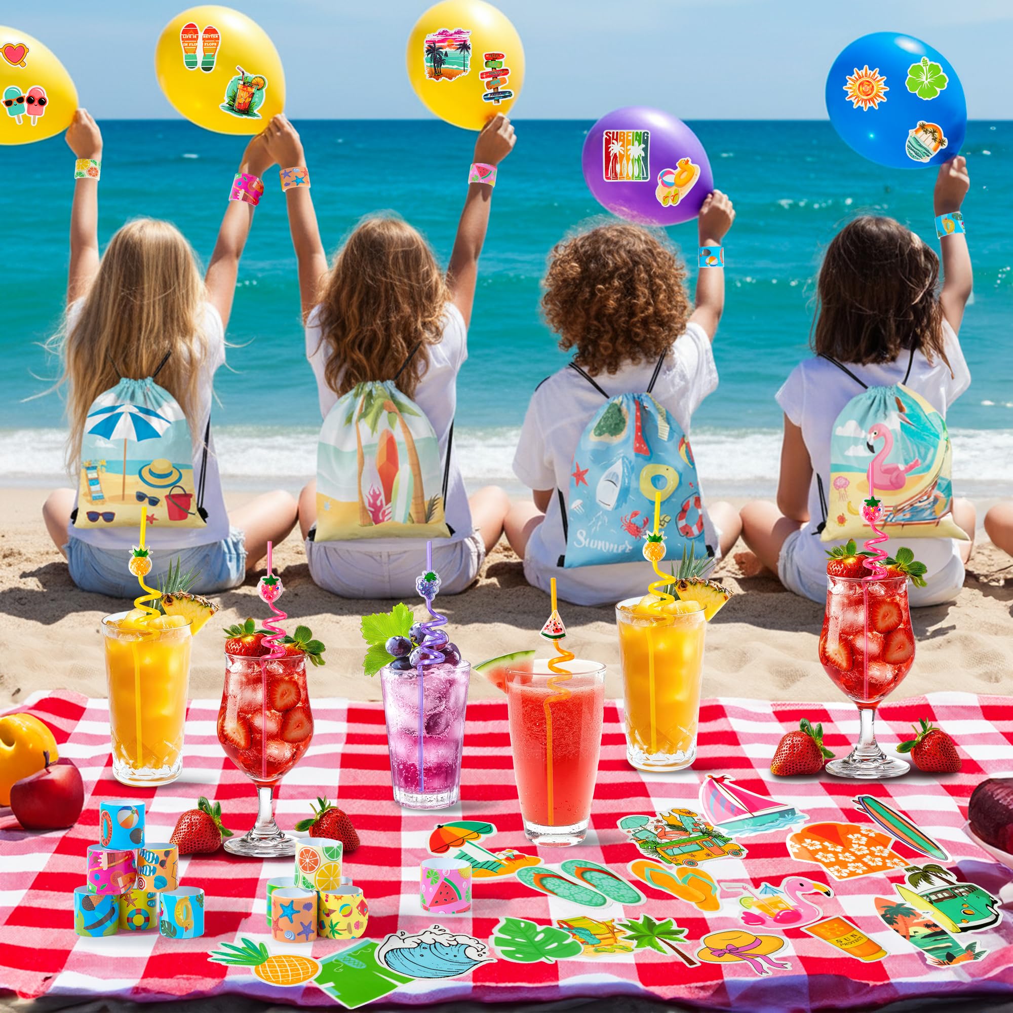 Set di 12 bomboniere con animali marini a tema oceano braccialetti adesivi portachiavi e sacchetti con coulisse, accessori per feste estive in piscina per bambini, ragazze, ragazzi, sacchetti