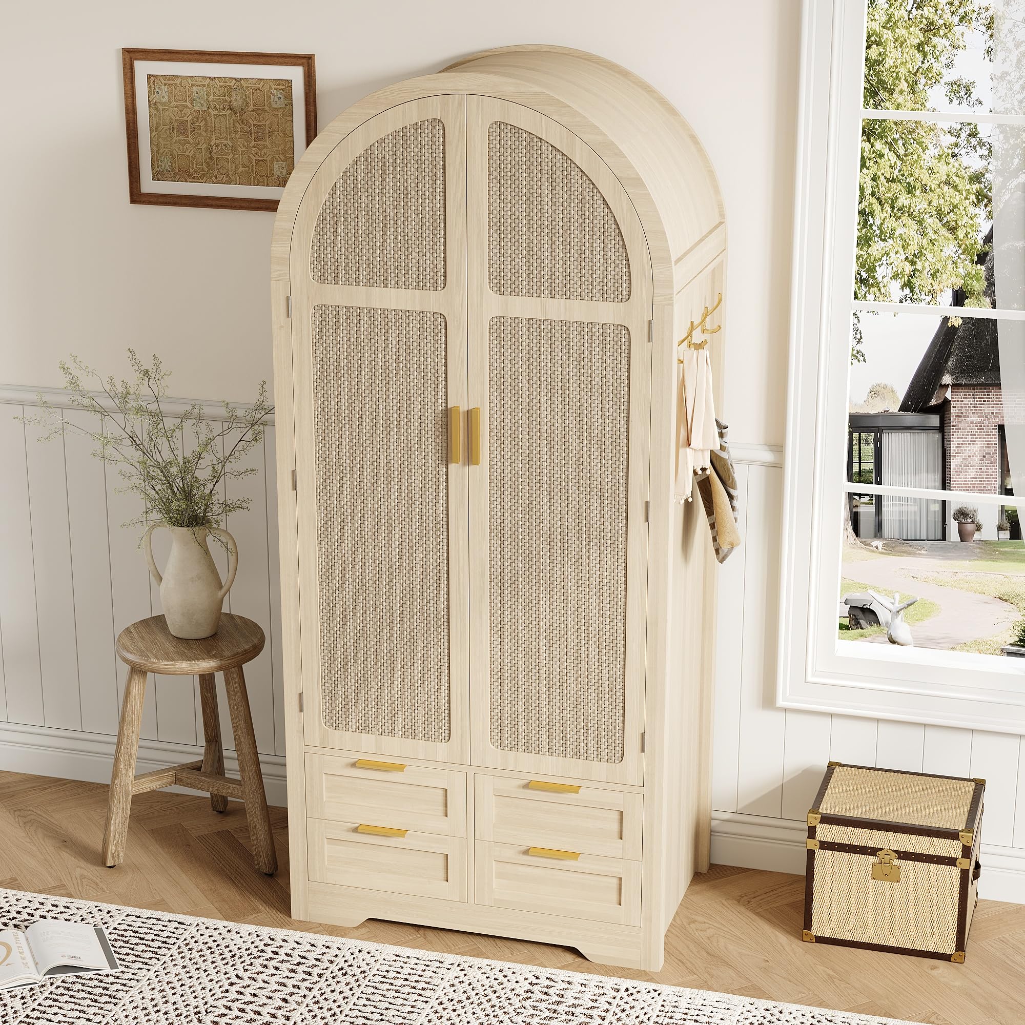 Lexiou Armario Moderno con Puertas Curvas, Amplio Espacio de Almacenamiento, Barra para Colgar Ropa y cajones, Armario de Lujo, Adecuado para dormitorios y recibidores (Roble, 80 x50 x 179 cm)