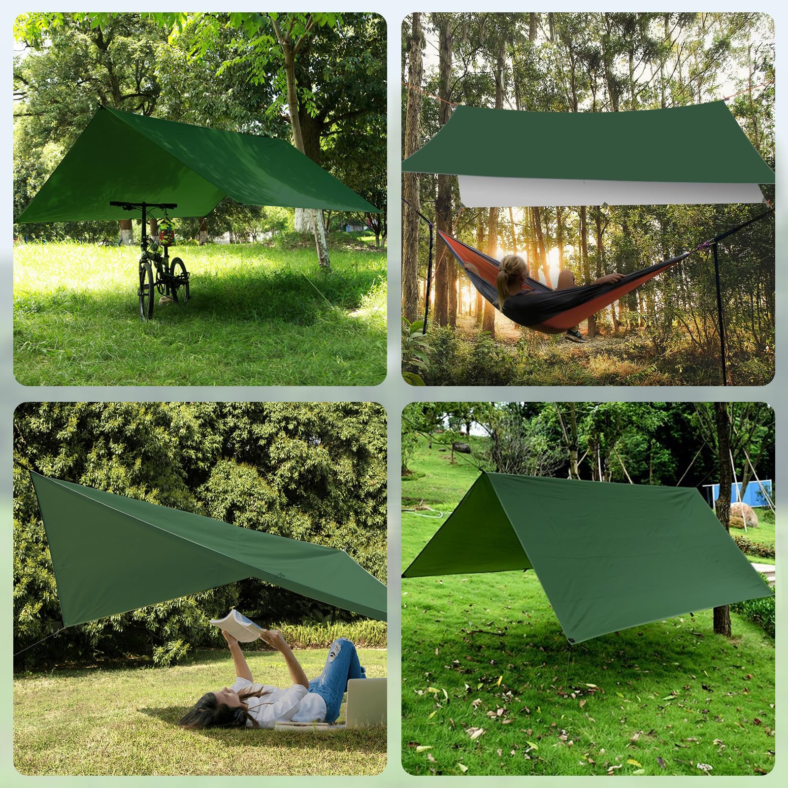 Toldo de Refugio Camping 3x3M, Toldo Camping Impermeable,Tienda de Campaña Tarp con 6 Cuerdas,6 Clavos de Tierra,2 Bolsa de Guarda,Lona Protectora Anti-UV para Vivac, Picnic, Playa, Hamaca