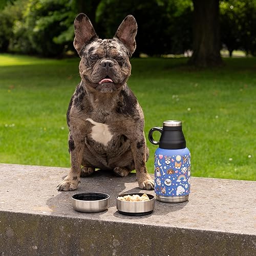 Miniatura 7 de Botella de agua de viaje para perros (32 onzas) con soporte para golosinas y cuencos desmontables  Dispensador de agua aislado y portátil de acero