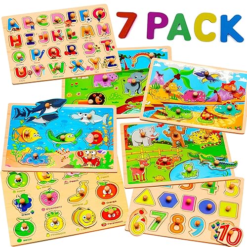 7 Pack Wooden Puzzles for Toddlers 2 3 4 5