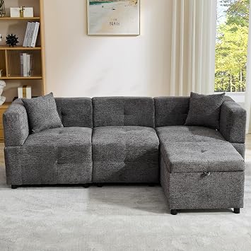 80" Sectional Sofa Couch with Removable Storage Ottoman, L-Shaped Sofa with 2 Pillows for Home/Apartment/Office Living Room Grey