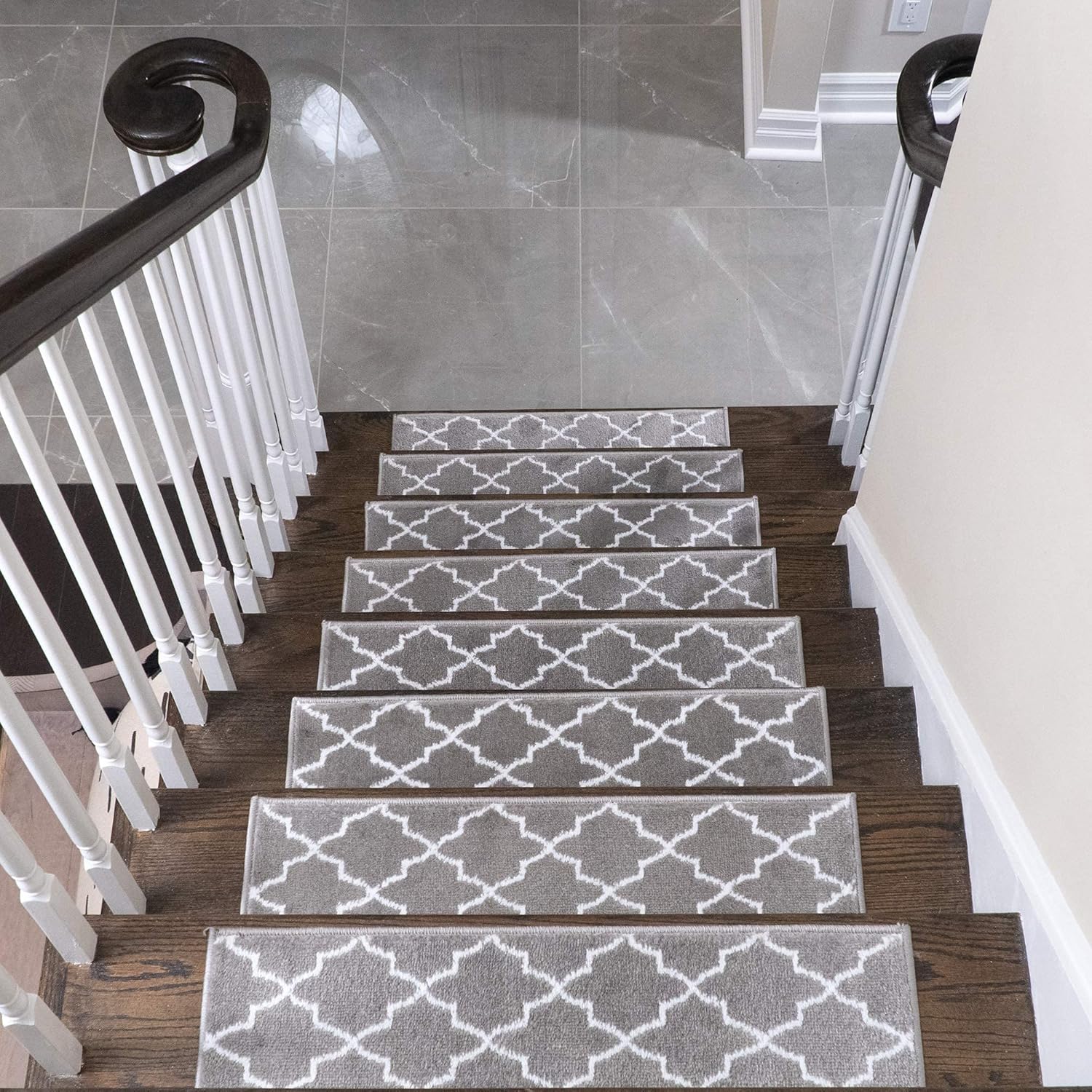 SUSSEXHOME Geometric Stair Treads - 100% Polypropylene Carpet Strips for Indoor Stairs - Easy to Install Double Adhesive Tape - Safe, Extra-Grip 13-Pack - Gray - - 