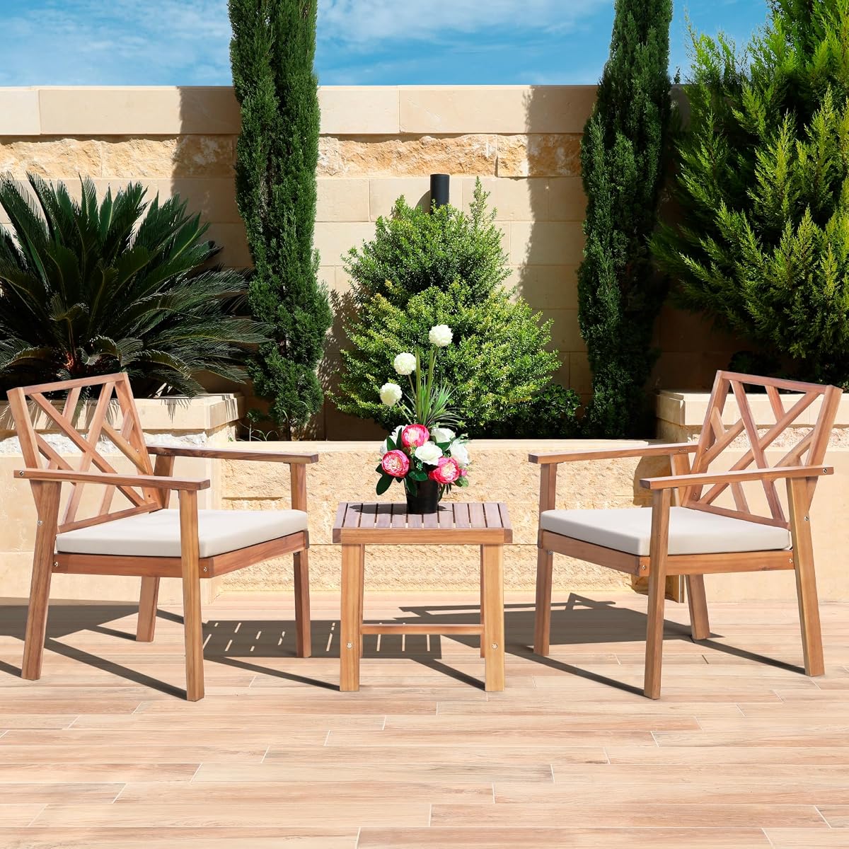 3-Piece Acacia Wood Outdoor Patio Furniture Set | Conversation Set with Padded Cushion Chairs and Coffee Table, for Porch Balcony Deck Backyard