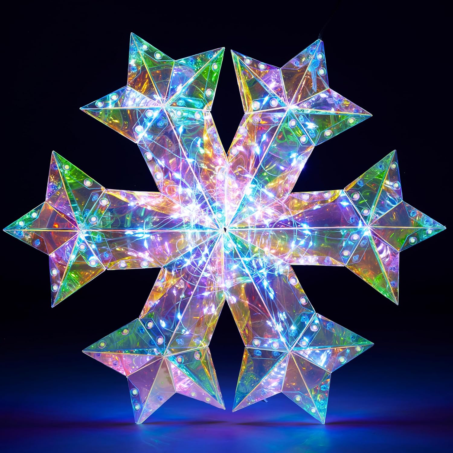 JOIEDOMI Lighted Prismatic Iridescent Christmas Decorations with LED Lights, USB Powered Indoor Christmas Decoration, 15 inch Iridescent Xmas Decor for Party Holiday Desktop, Multicolor Snowflake