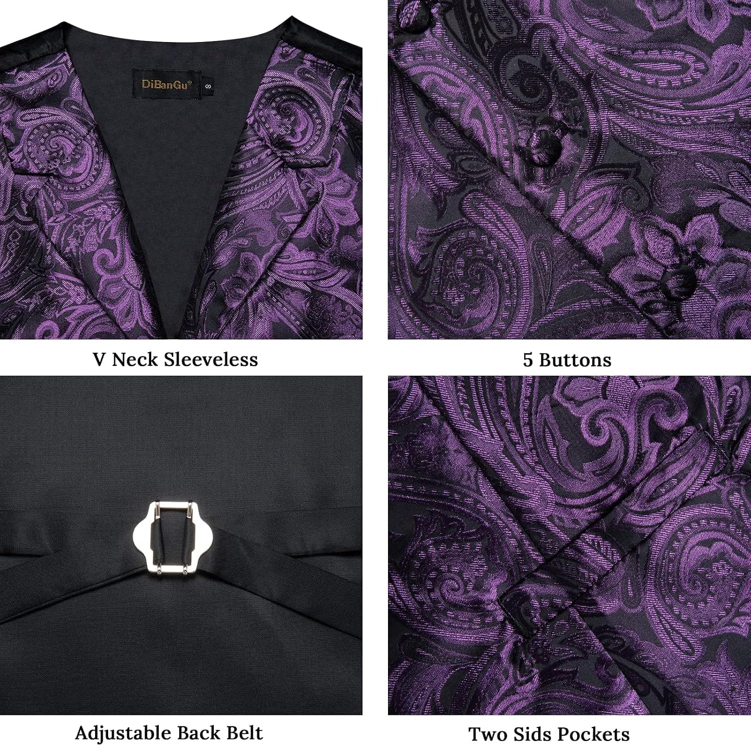 DiBanGu Mens Vest Tie Set 7PCS Silk Paisley Suit Waistcoat and Necktie Hankerchief Cufflinks Lapel Pin Set for Wedding Party