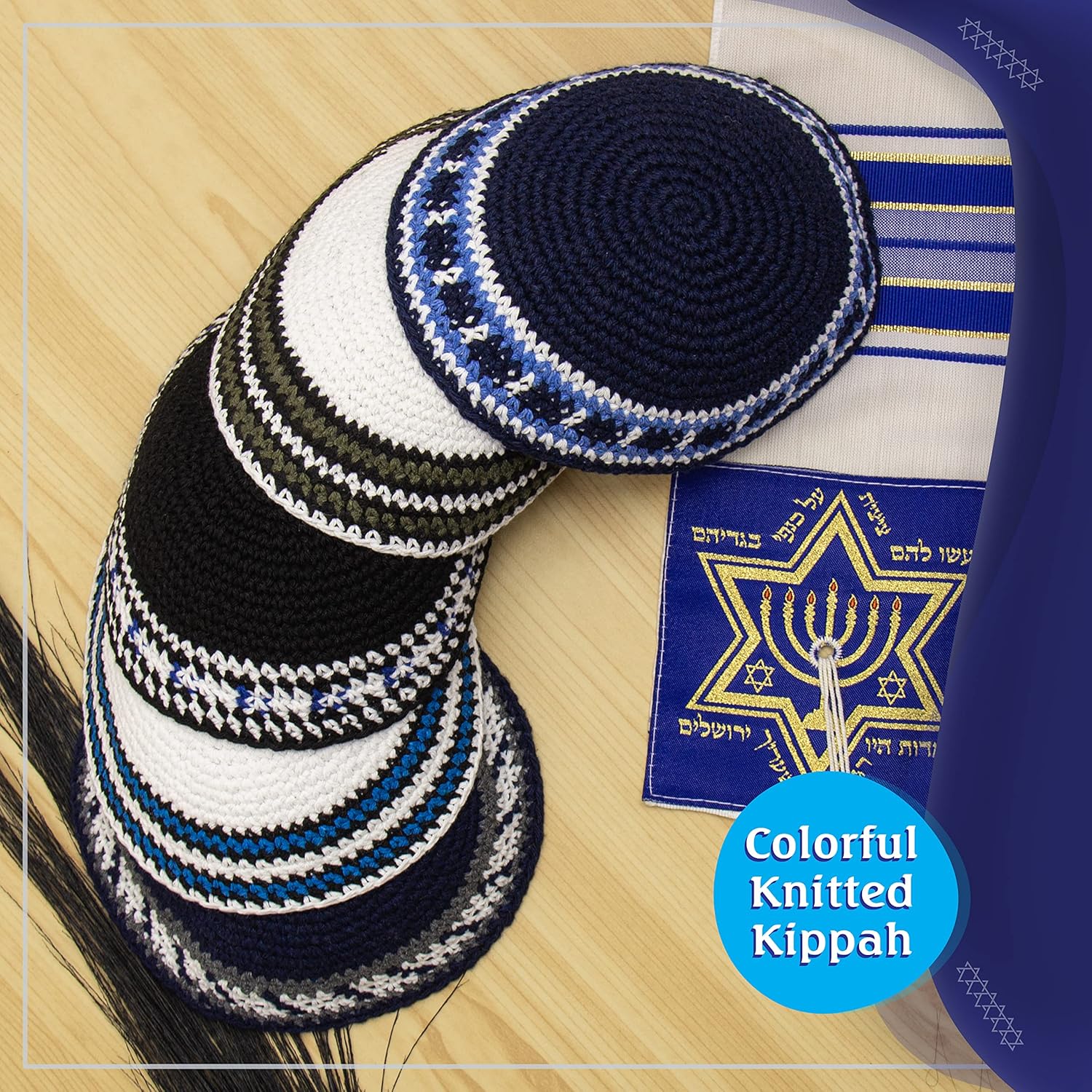 Pack of 5-Pcs - Hq Mix Colors Handmade Knitted Kippah for Men Boys and Kids, Yamaka Hat from Israel - Kippot Bulk (White Black Blue)