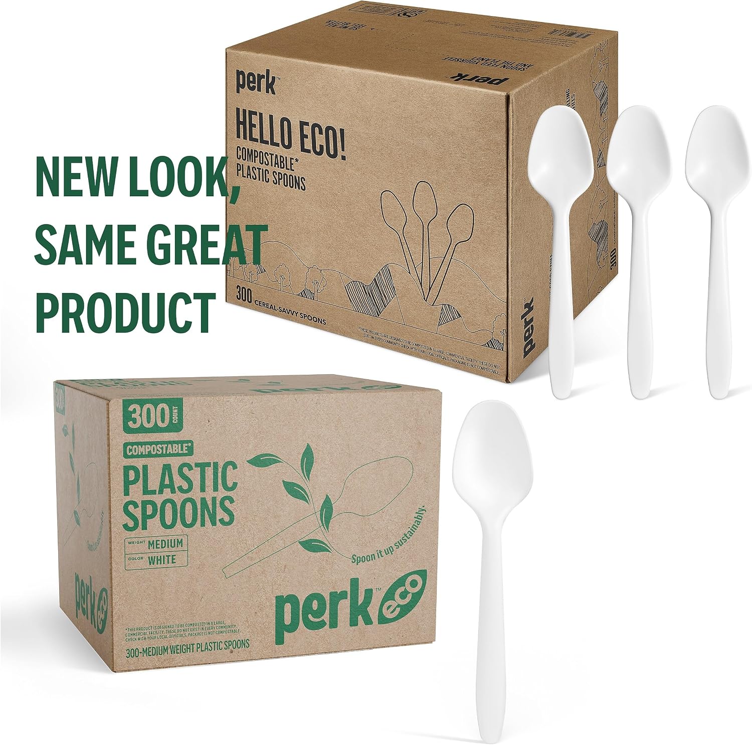 Perk Compostable PLA Spoons, White, Mediumweight Plant-Based Disposable Utensils, 300/Pack