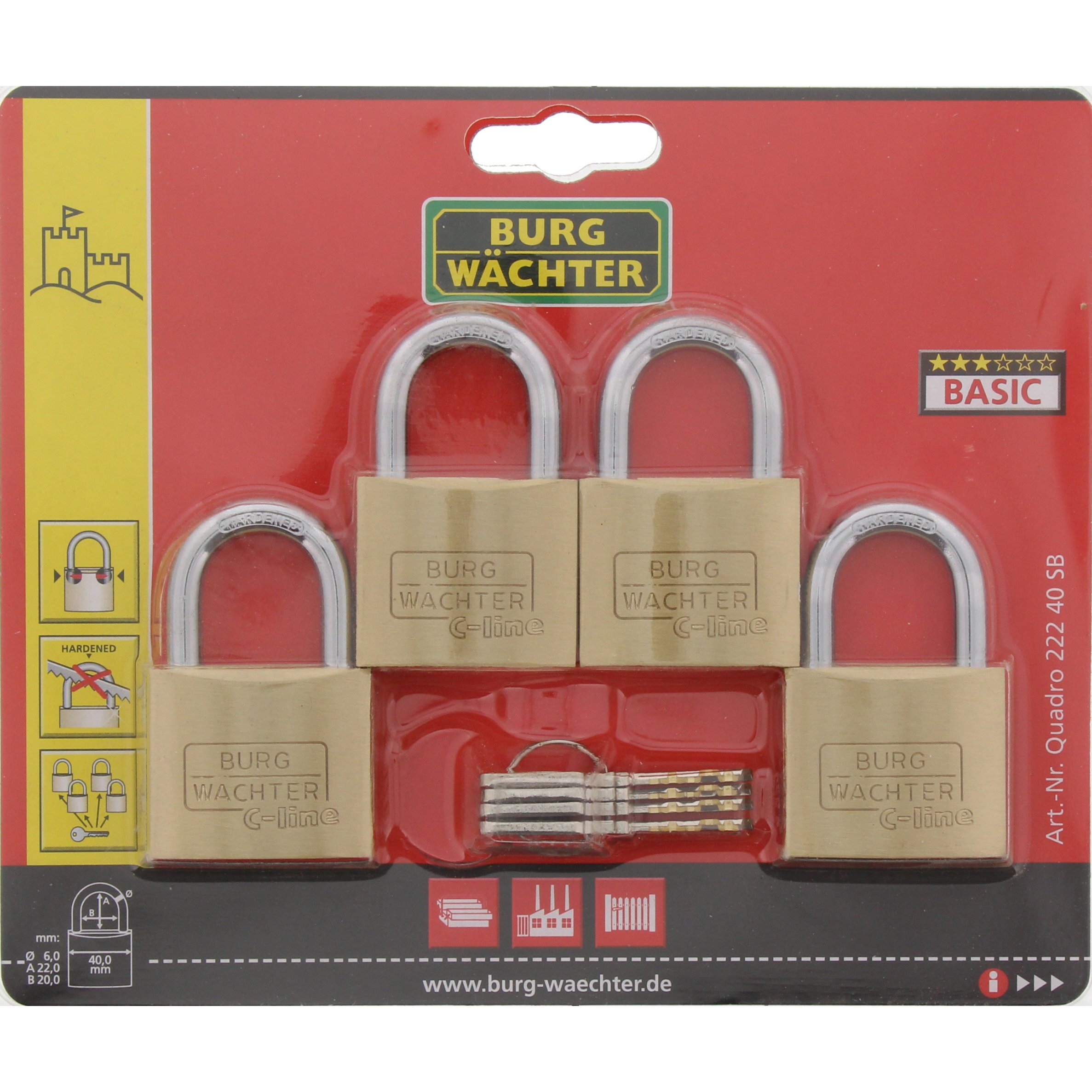 BURG-WÄCHTER, Cadenas à Cylindre, Lot de 4 Cadenas, Quadro 222 40 SB, Laiton Massif