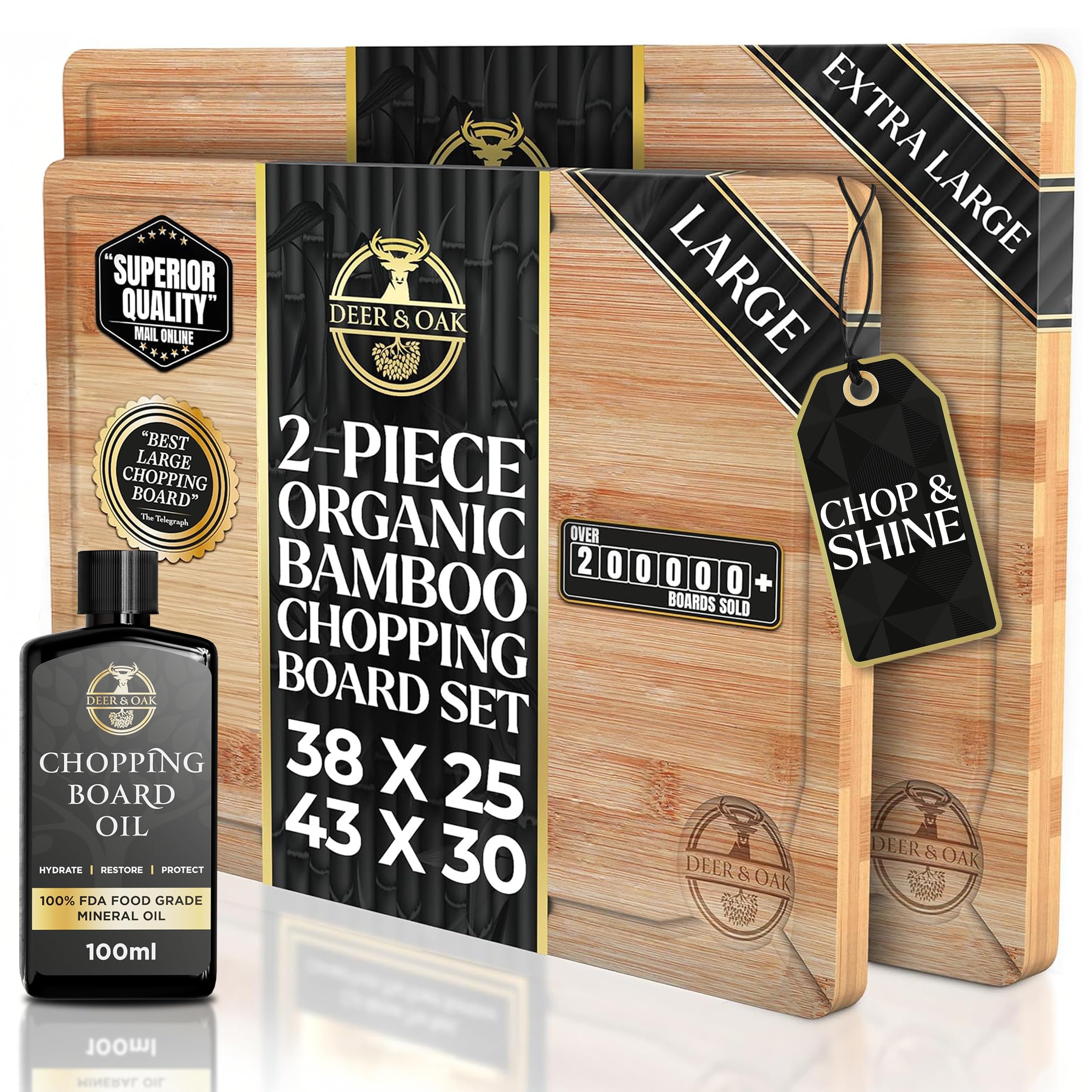 Deer & Oak Wooden Chopping Board Set & Food Safe Mineral Oil Bundle, Large & XL Bamboo Cutting Boards Pre Oiled + 100ml Food Grade Wood Oil for Butchers Block & Kitchen Use