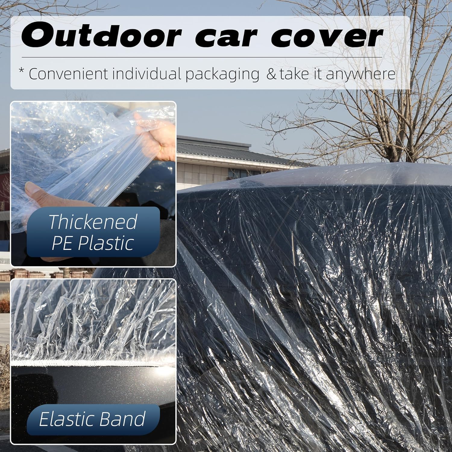 6-Pack Disposable Car Covers, Universal Clear Plastic Car Cover with Elastic Band, Waterproof Rainproof Dustproof Car Cover for SUV Sedan (15.7ft x 24.6ft)