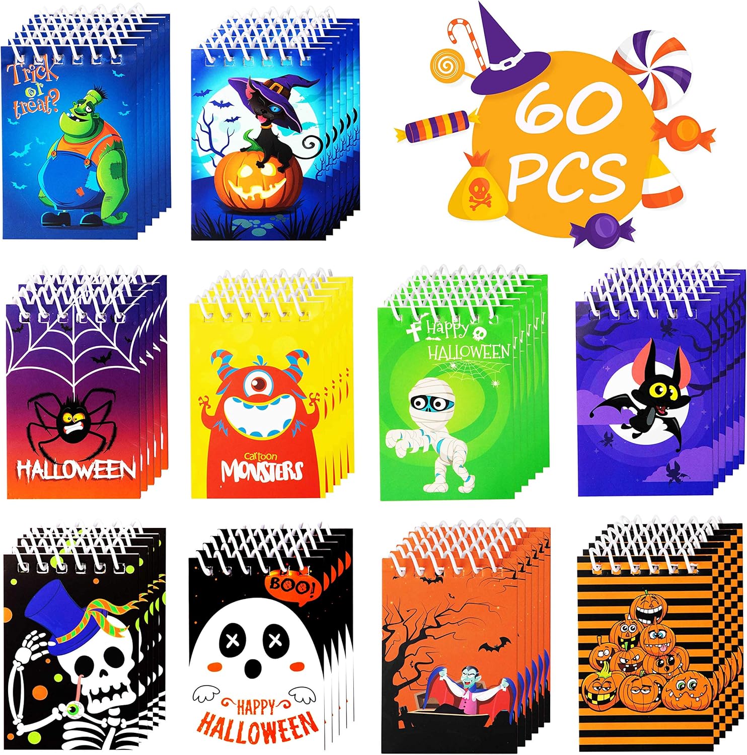 90shine 60PCS Halloween Notepads Party Favors for Kids - Spiral Notebooks Hallowmas Trick or Treat Goodie Bag Stuffers Filler Gifts Supplies Decorations, 10 Styles