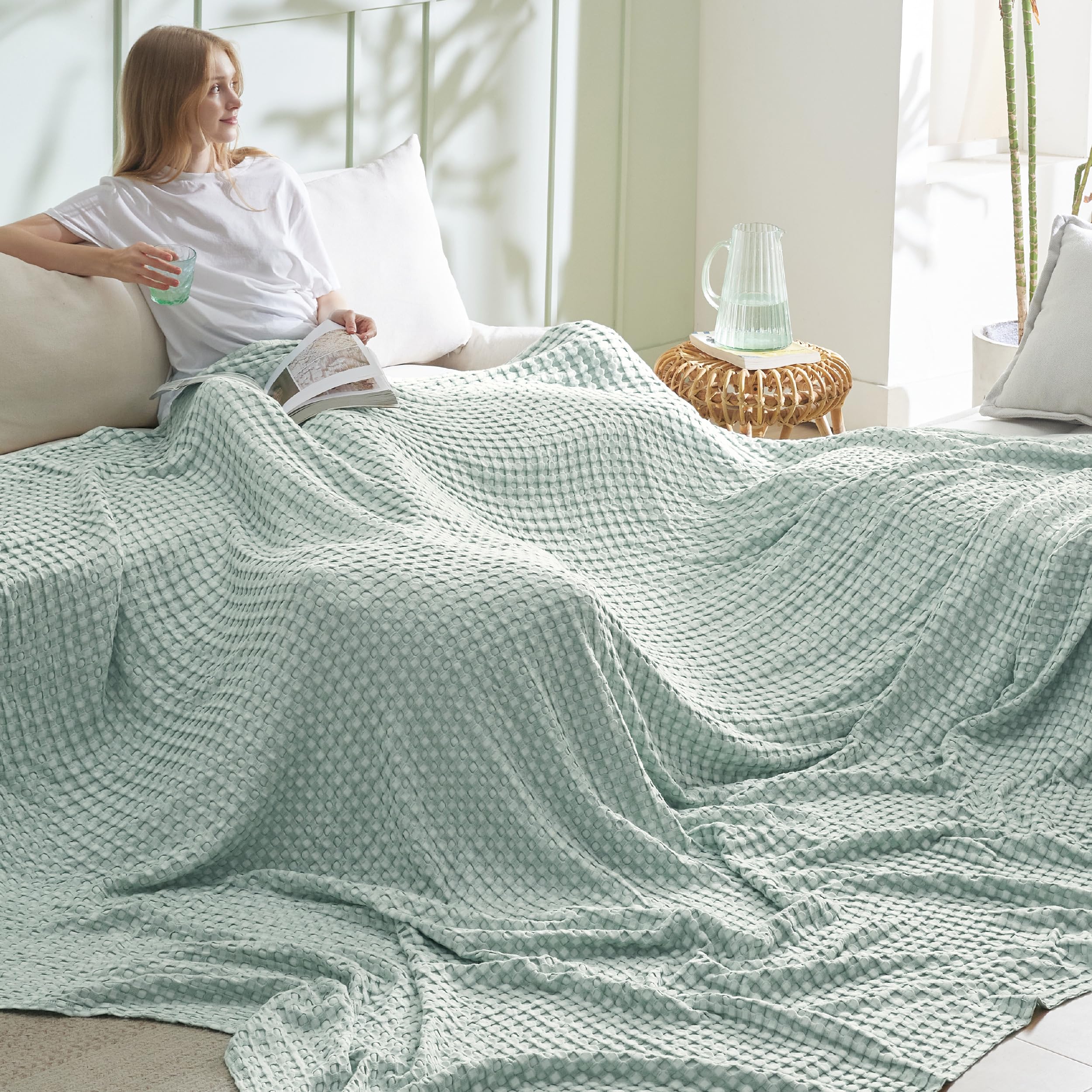 Photo 1 of Bedsure Cooling Cotton Waffle Oversized King Blanket - Lightweight Breathable Blankets Rayon Derived from Bamboo for Hot Sleepers, Luxury Throws for Bed and Sofa, Mint Green, 120x96 Inches