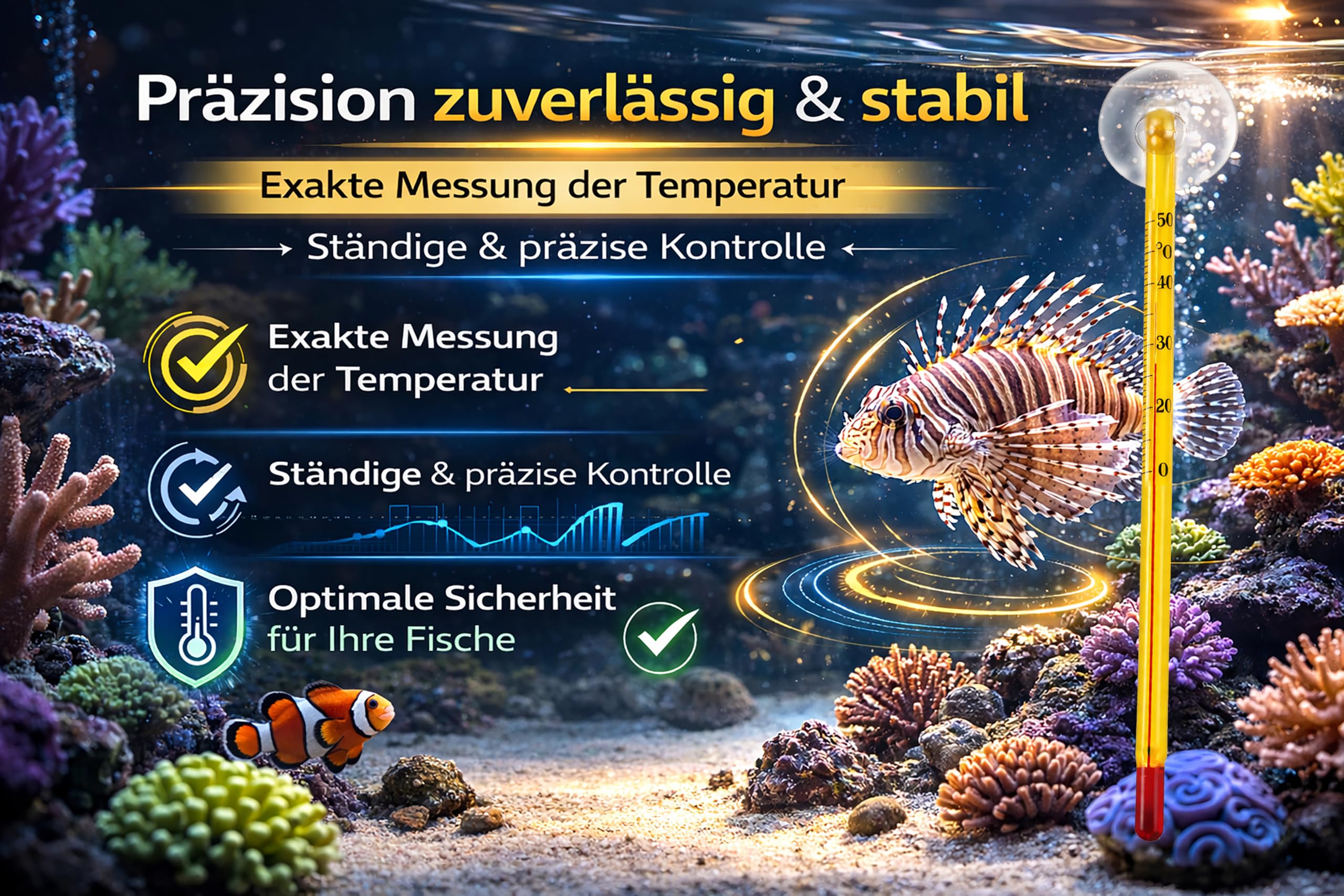 Aquarium Thermometer Analog aus Glas – Innen Thermometer mit Saugnapf – Präzise Wassertemperatur Anzeige 0–50 °C für Aquarium, Garnelen & Fische, Süß- & Meerwasser, Gut Ablesbar, Gelb