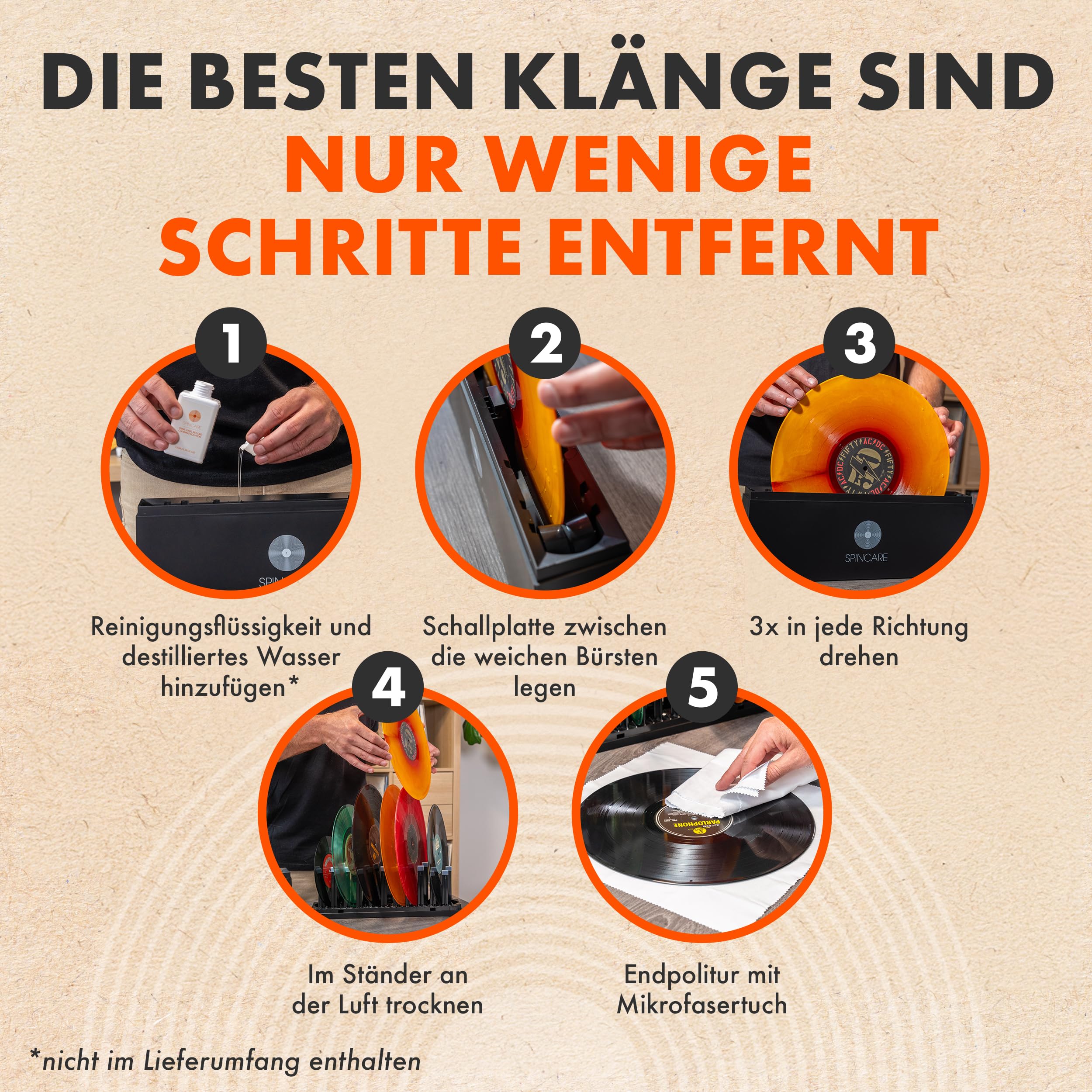 SPINCARE Schallplatten Reinigung für 18-25-30 cm Vinyl Schallplatten - Reinigungssystem mit Reinigungslösung - Mikrofasertüchern - Waschschüssel - Zubehör - Reinigt 500 LPs | Reinigungsset mit Wäscherlösung und Zubehör, reinigt 500 LPs und schützt Etikett