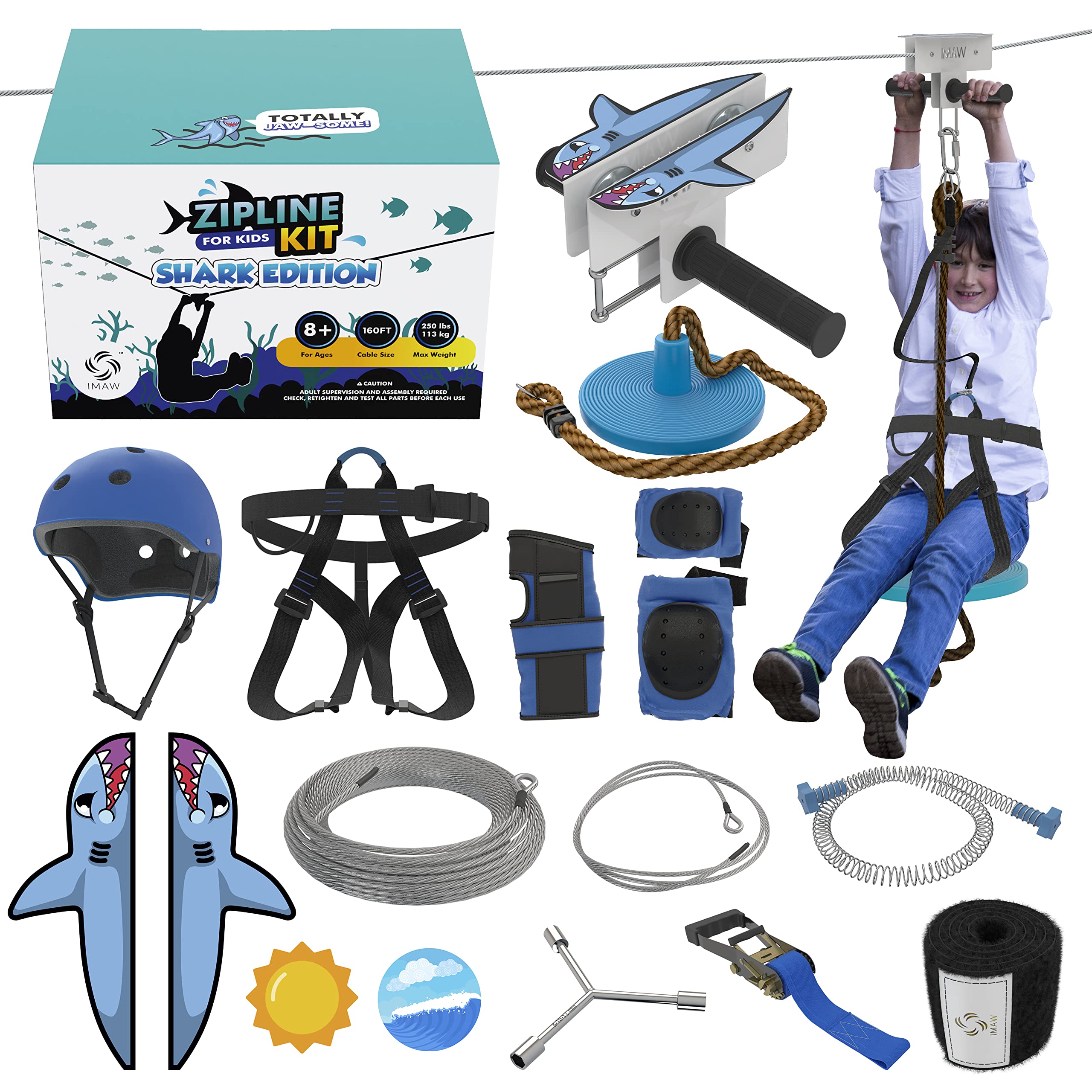 Buy IMAW Zipline Kit 160 FT Shark Themed Zipline Kit for Backyard