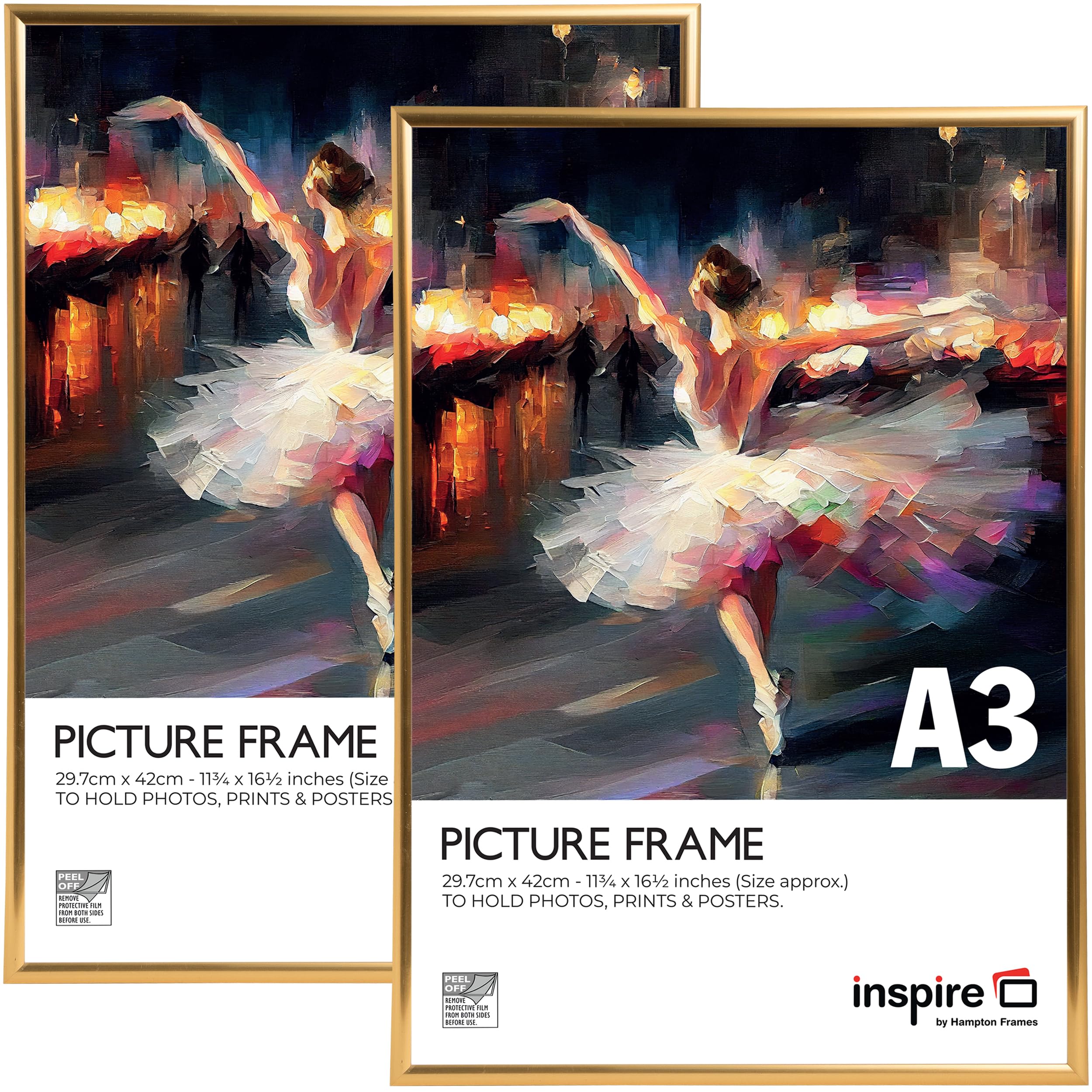 inspire by Hampton Frames BACKLOADER A3 Gold Poster Frame Acrylic (Non-Glass) Pack of 2, A3 (29.7x42cm)