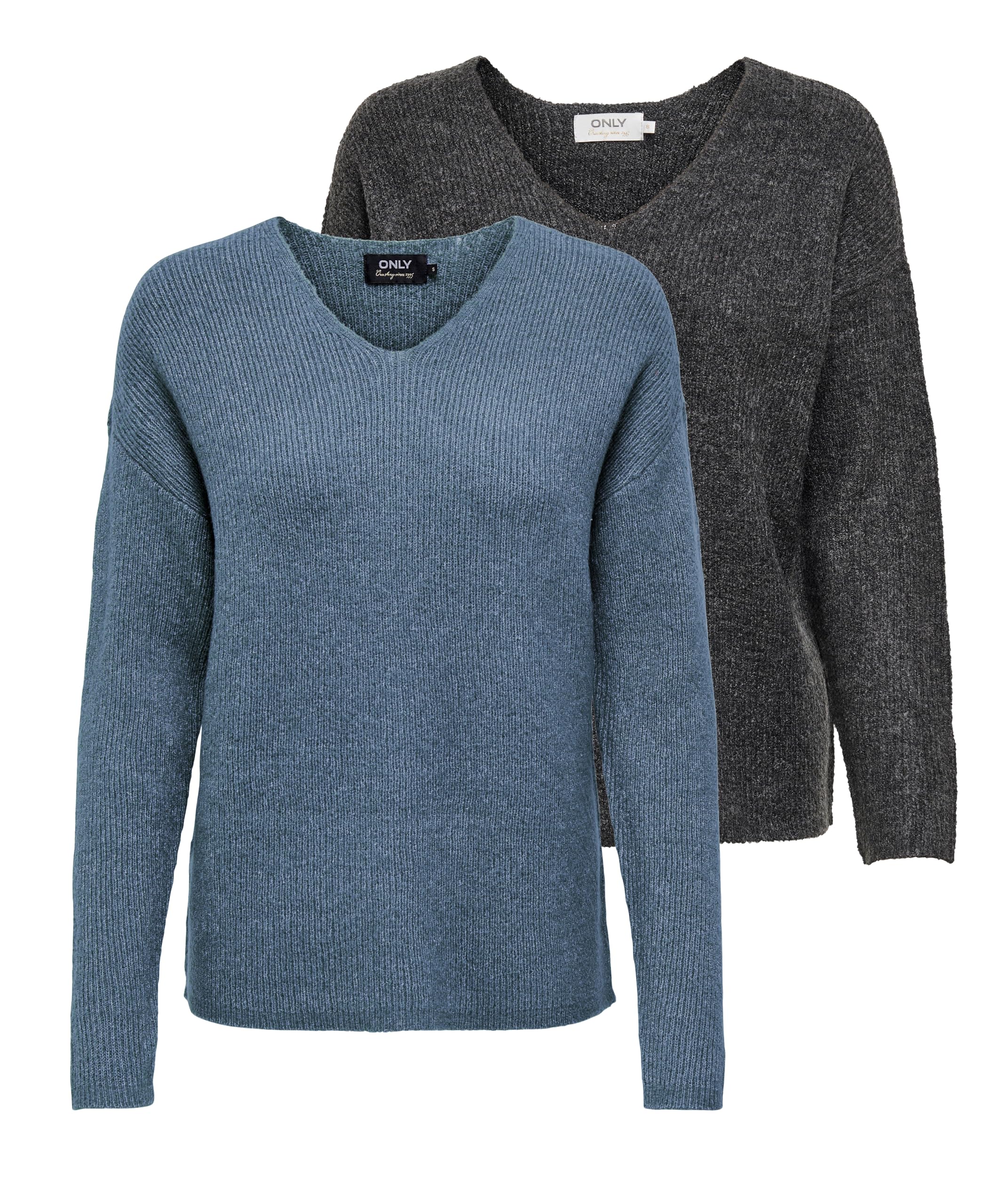ONLY Damen ONLCAMILLA V-Neck Strickpullover 2-Pack, Blue Mirage Melange/Dark Grey Melange, M