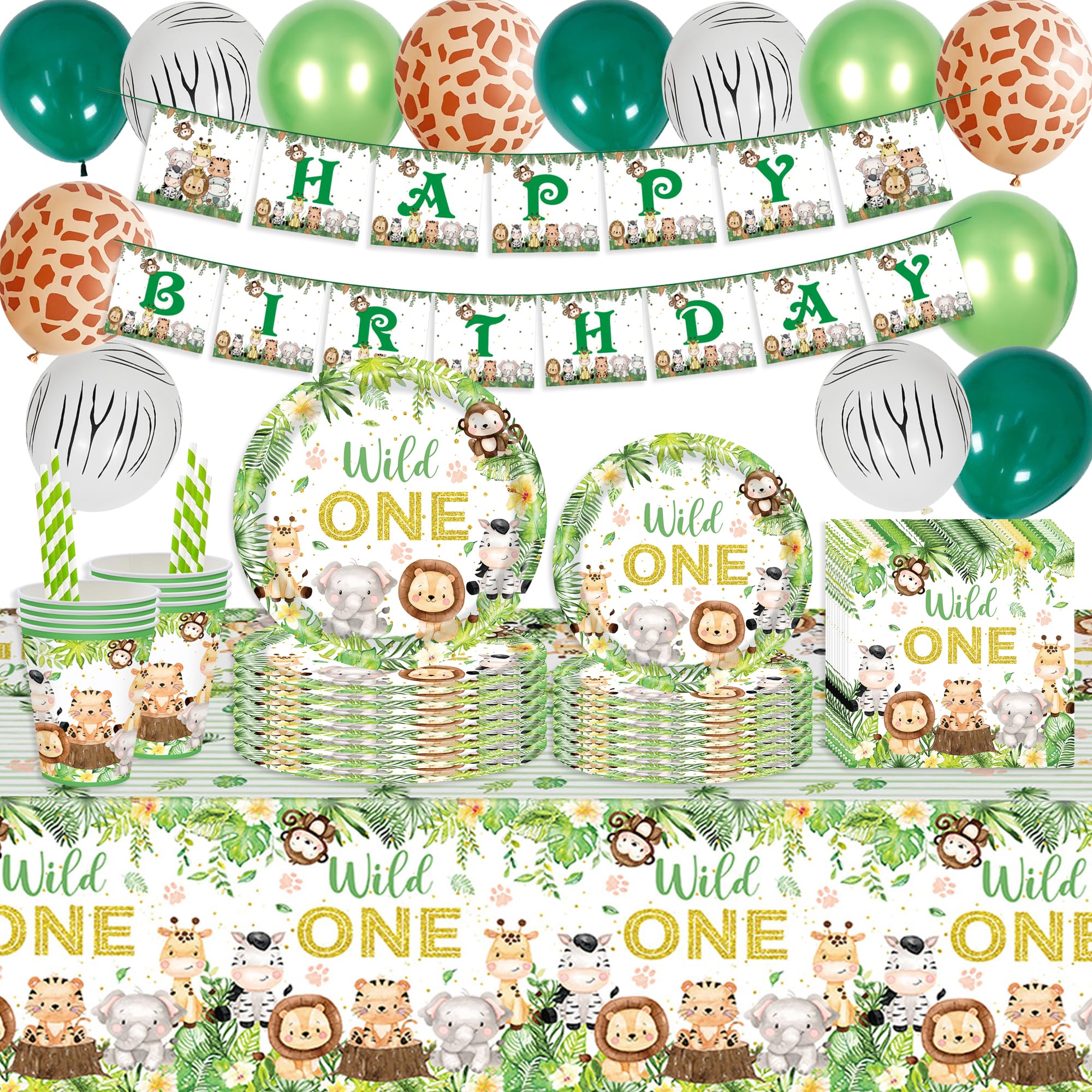 Jungle Wild One Birthday Decorations - 132 Pcs Safari Party Tableware Set for Kids, Happy Birthday Banner Balloon Plates Cups Tablecloth for Baby Shower Girls Boys