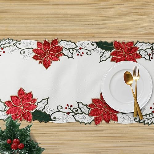Miniatura 6 de OWENIE Camino de mesa navideño de 70 pulgadas de largo, camino de tela texturizada de flor de pascua roja con apliques bordados de terciopelo para