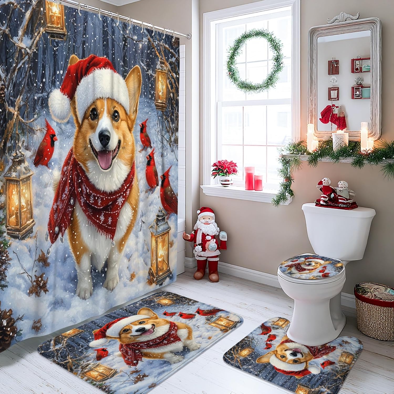 4PCS Christmas Corgi Dog Bathroom Sets with Non-Slip Rug, U Shape Toilet Lid Cover Mat, Winter Cardinal Xmas Puppy Bathroom Decoration 72''x72''