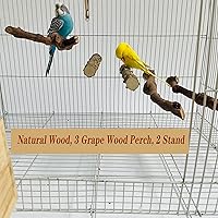 Vista 2 de 5 piezas de soporte de madera natural para loros, 3 perchas de madera de uva, 2 soportes, tenedor de pata de molienda, periquito, ramas