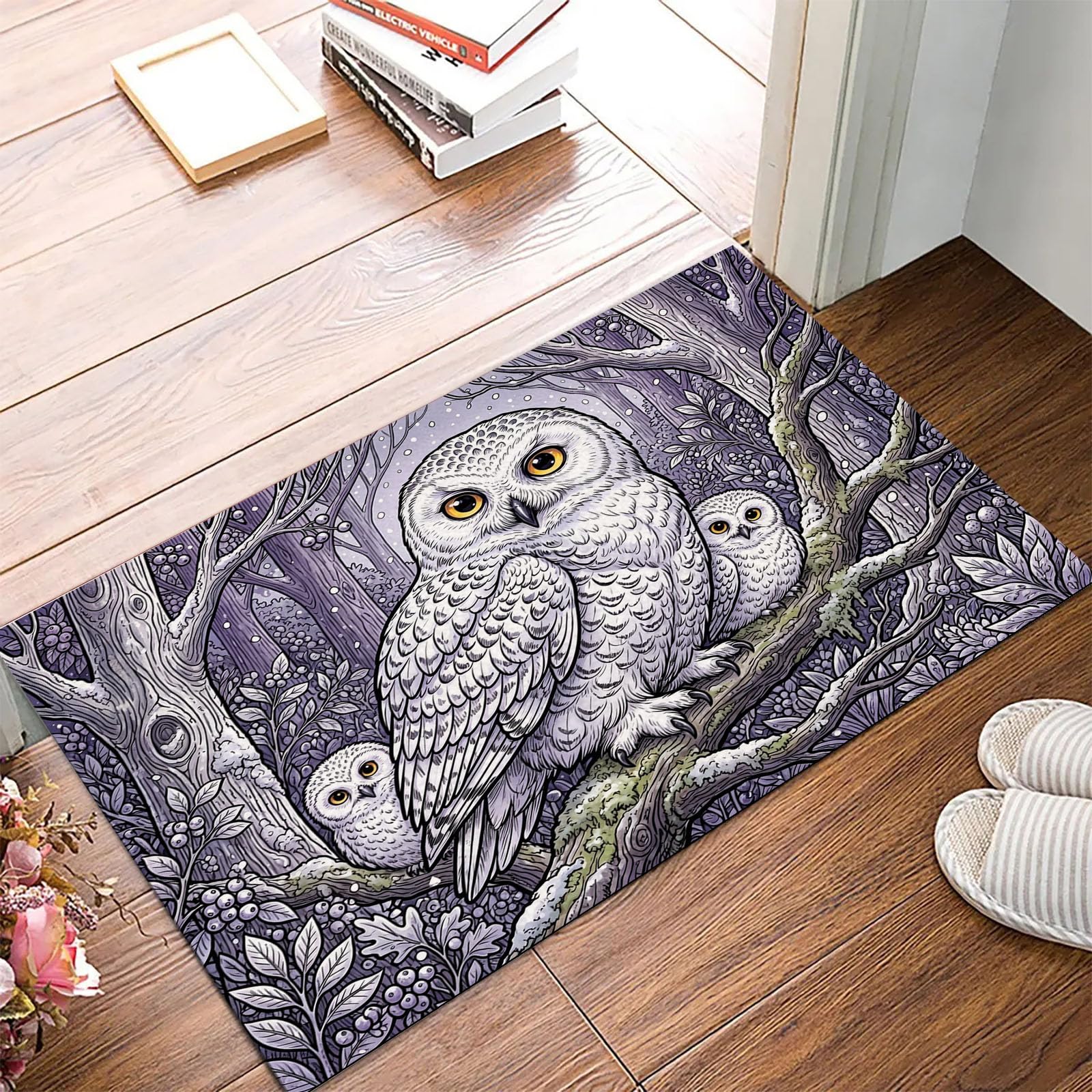 Tapis d'entrée lavable chouette d'hiver rétro parfait pour décorer une salle de bain